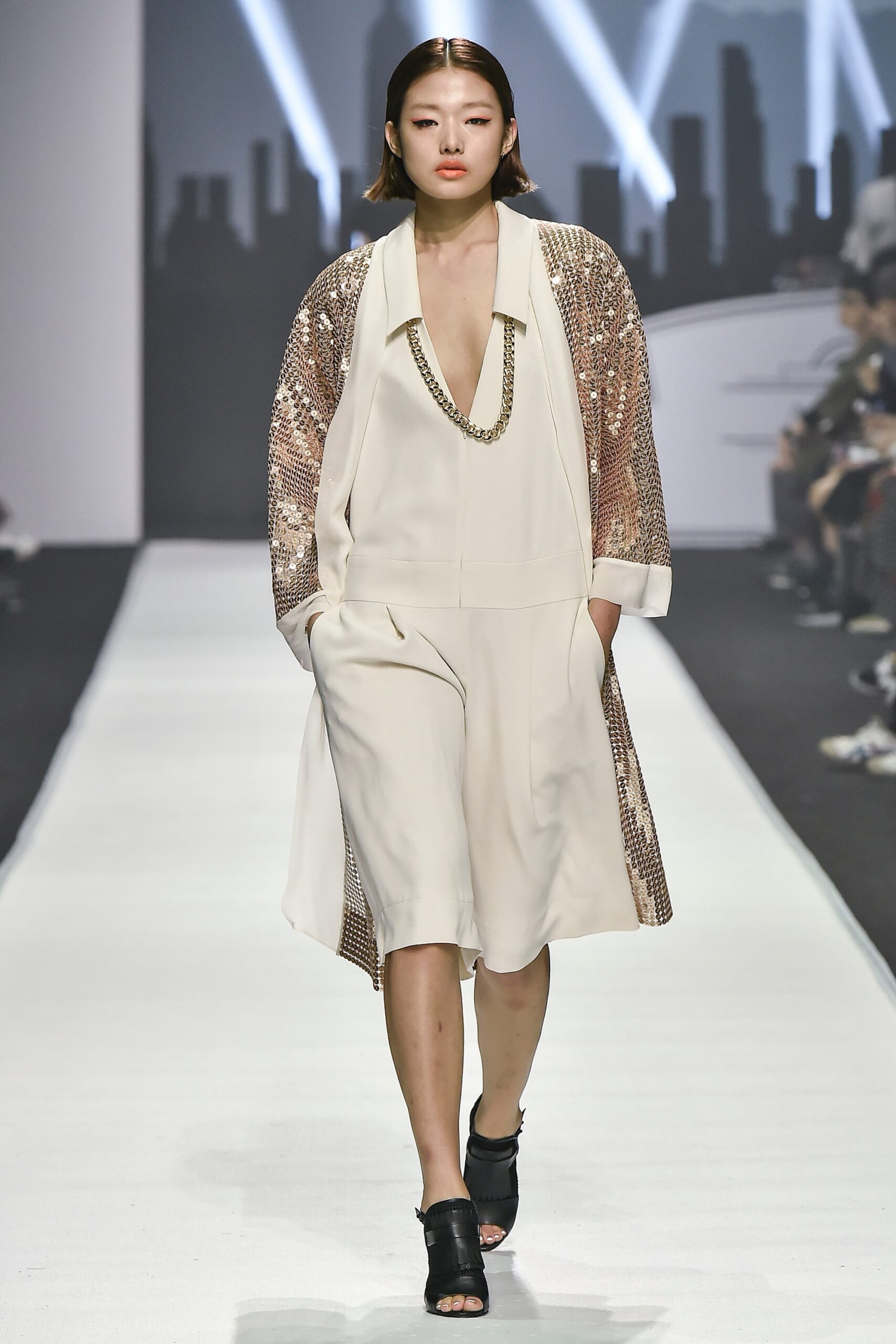 gold silk long-sleeve collared oversized layered shiny coat