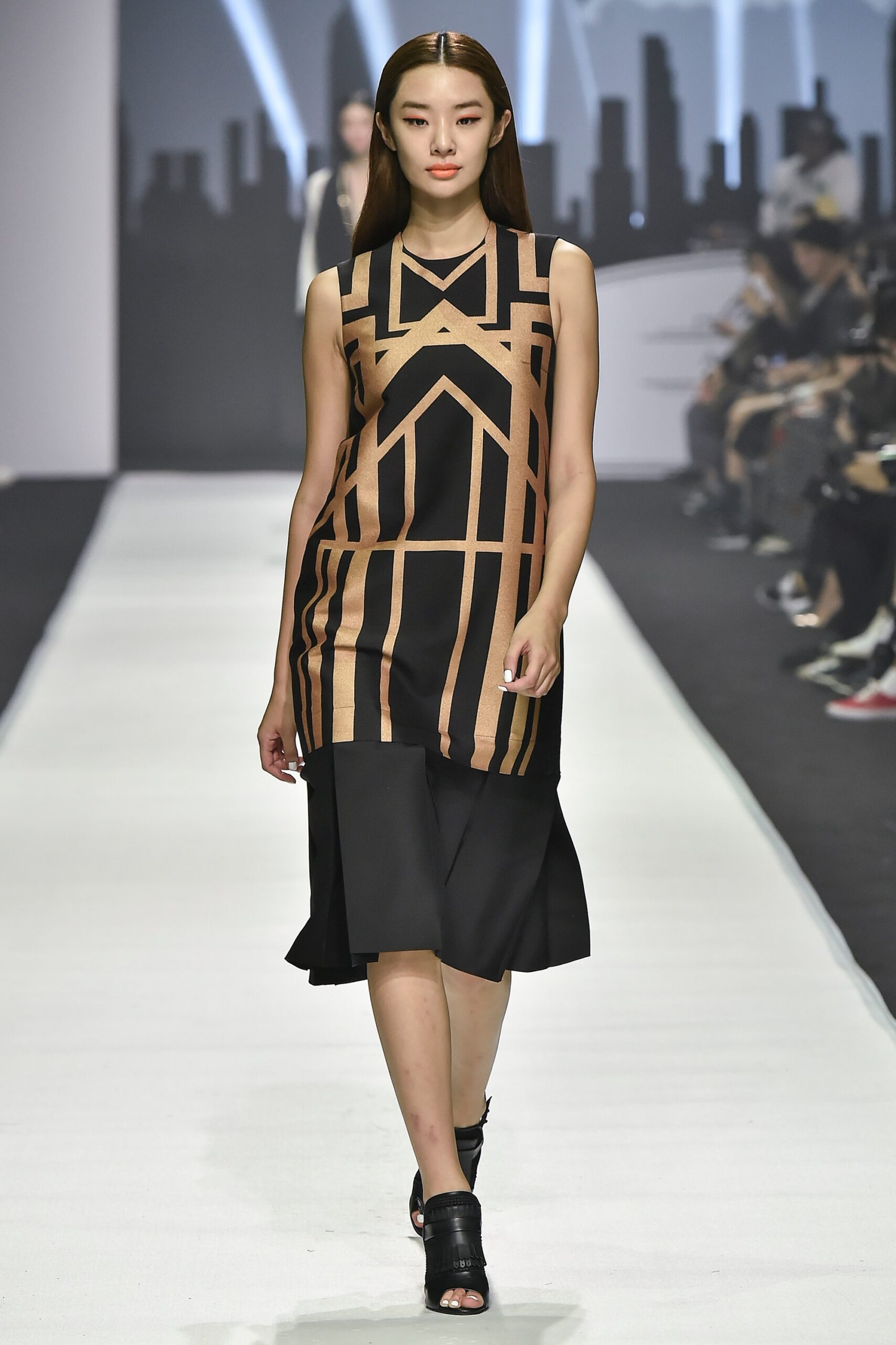black and beige printed midi dress