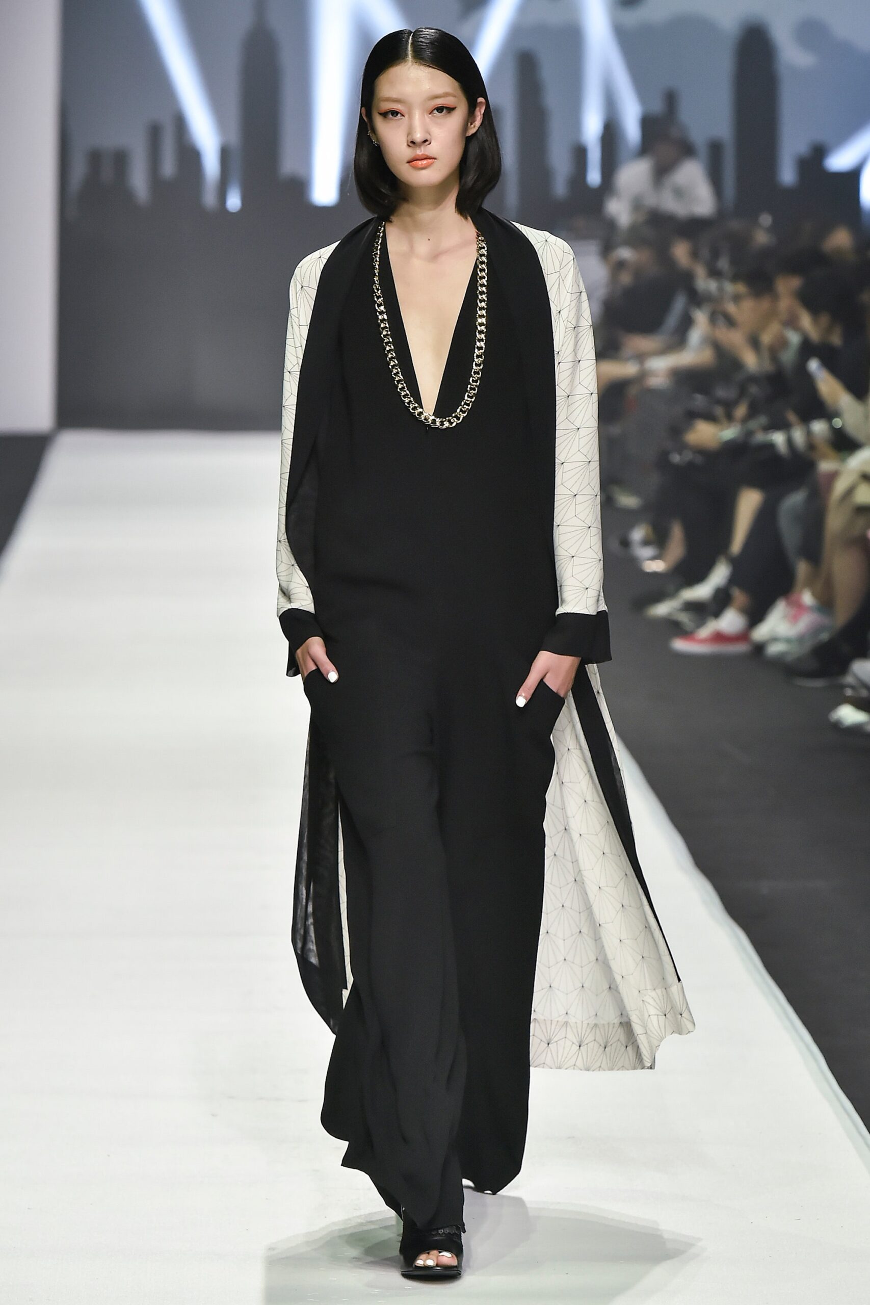 white silk long-sleeve collared relaxed layered coat