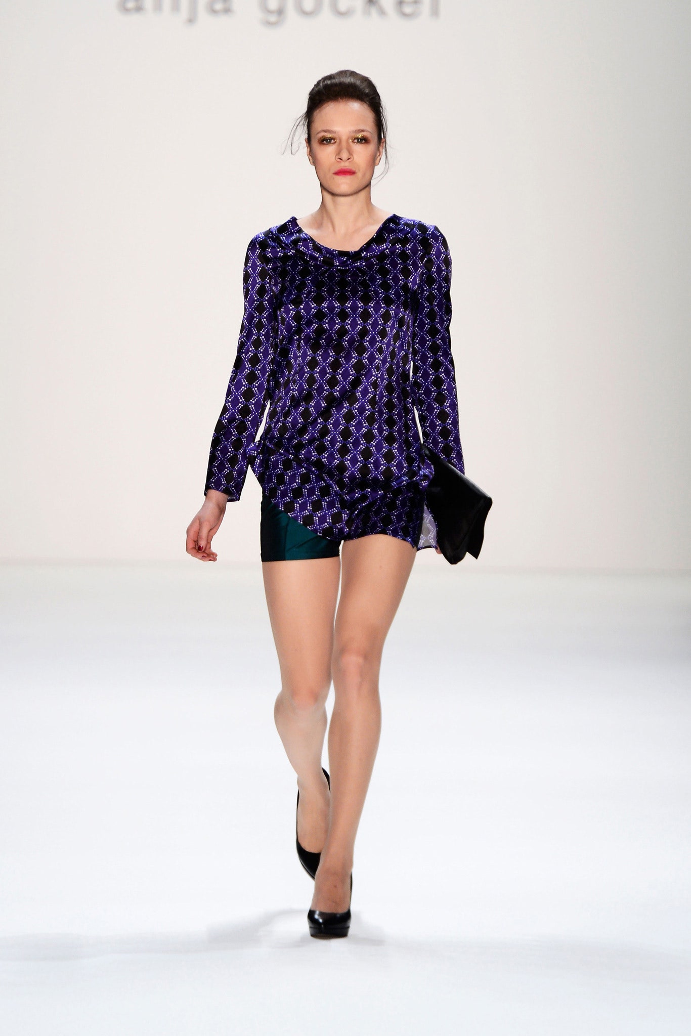 purple silk long-sleeve collared fitted printed short top