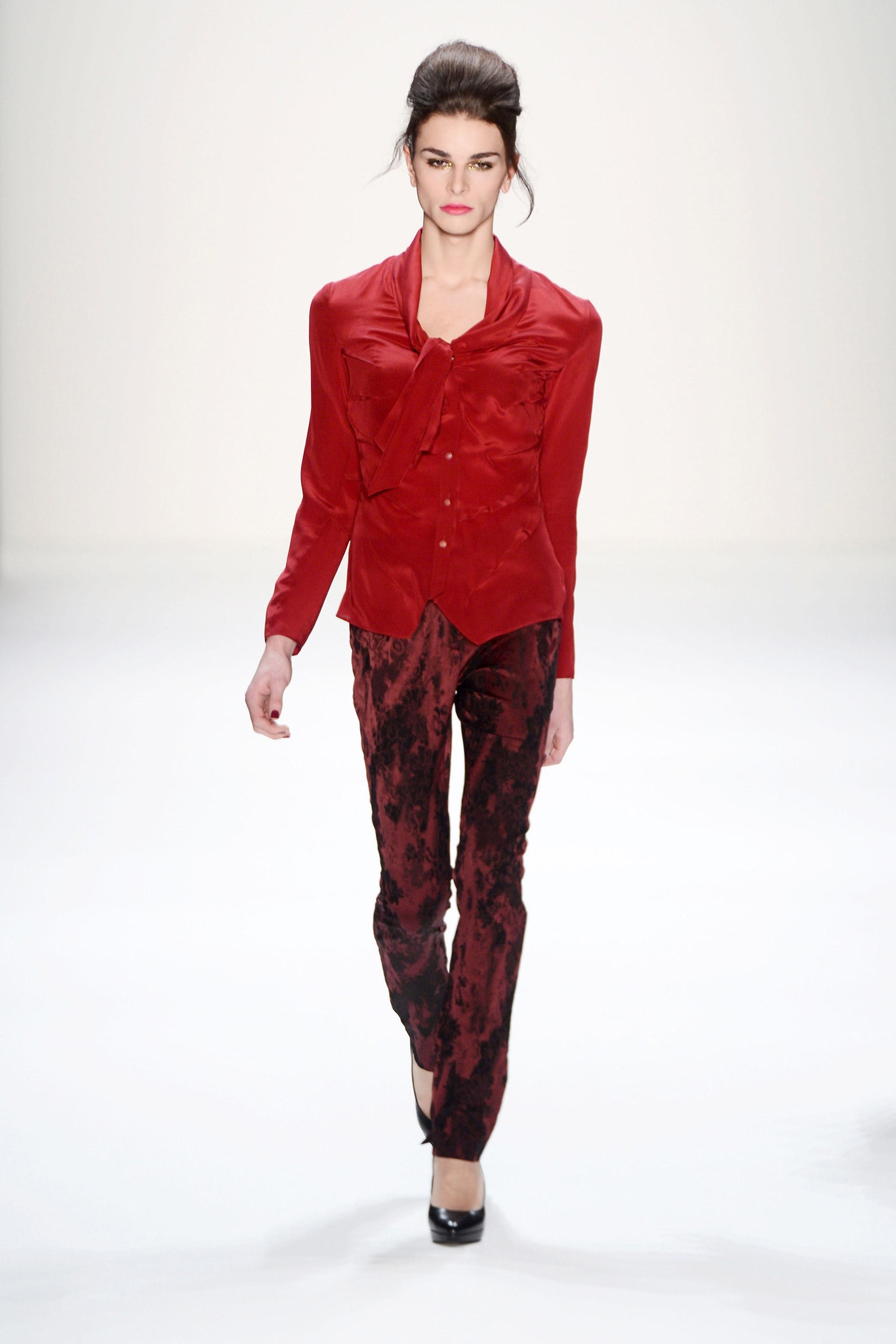 red silk shirt and black velvet pants