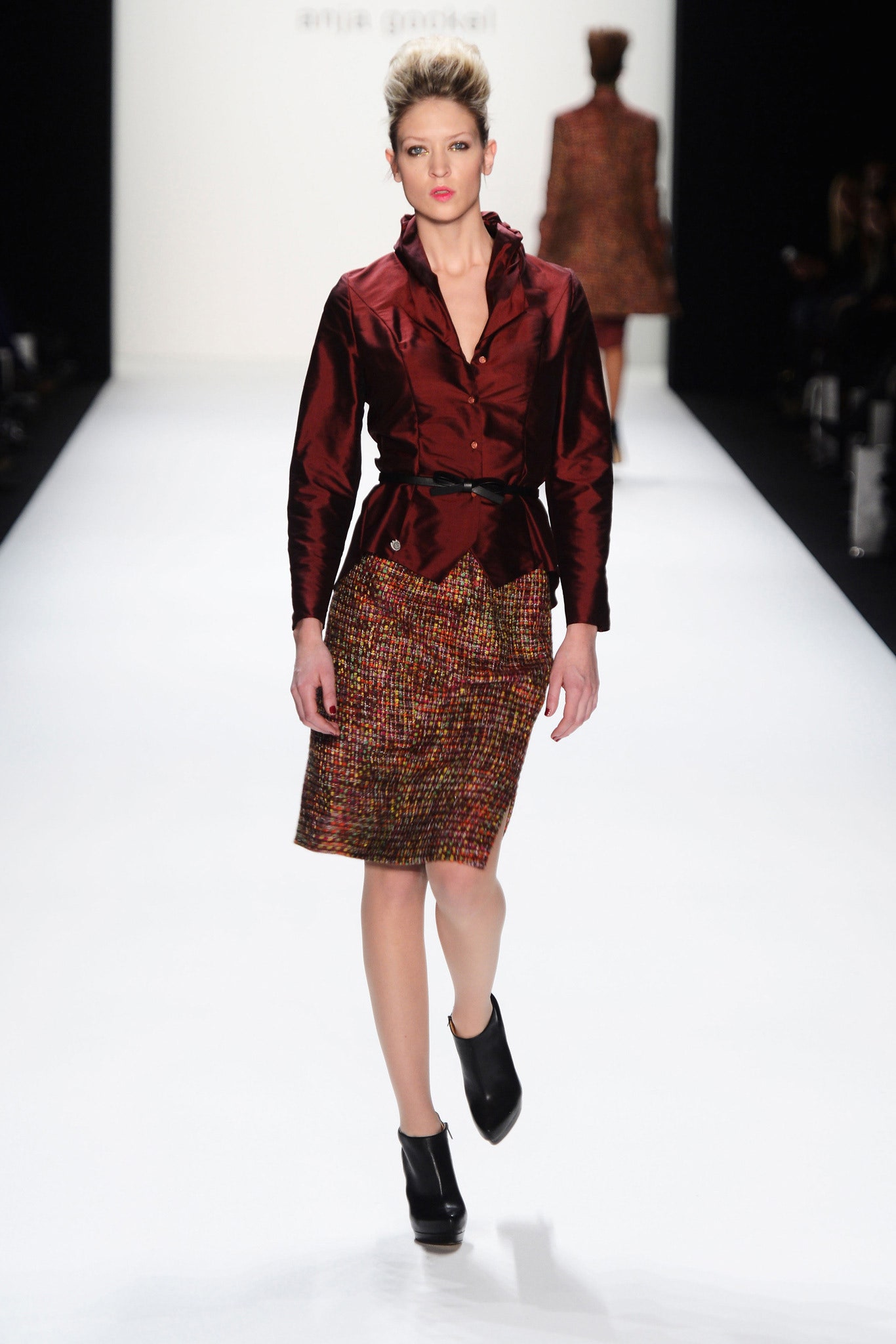 red silk fitted blazer with multi skirt