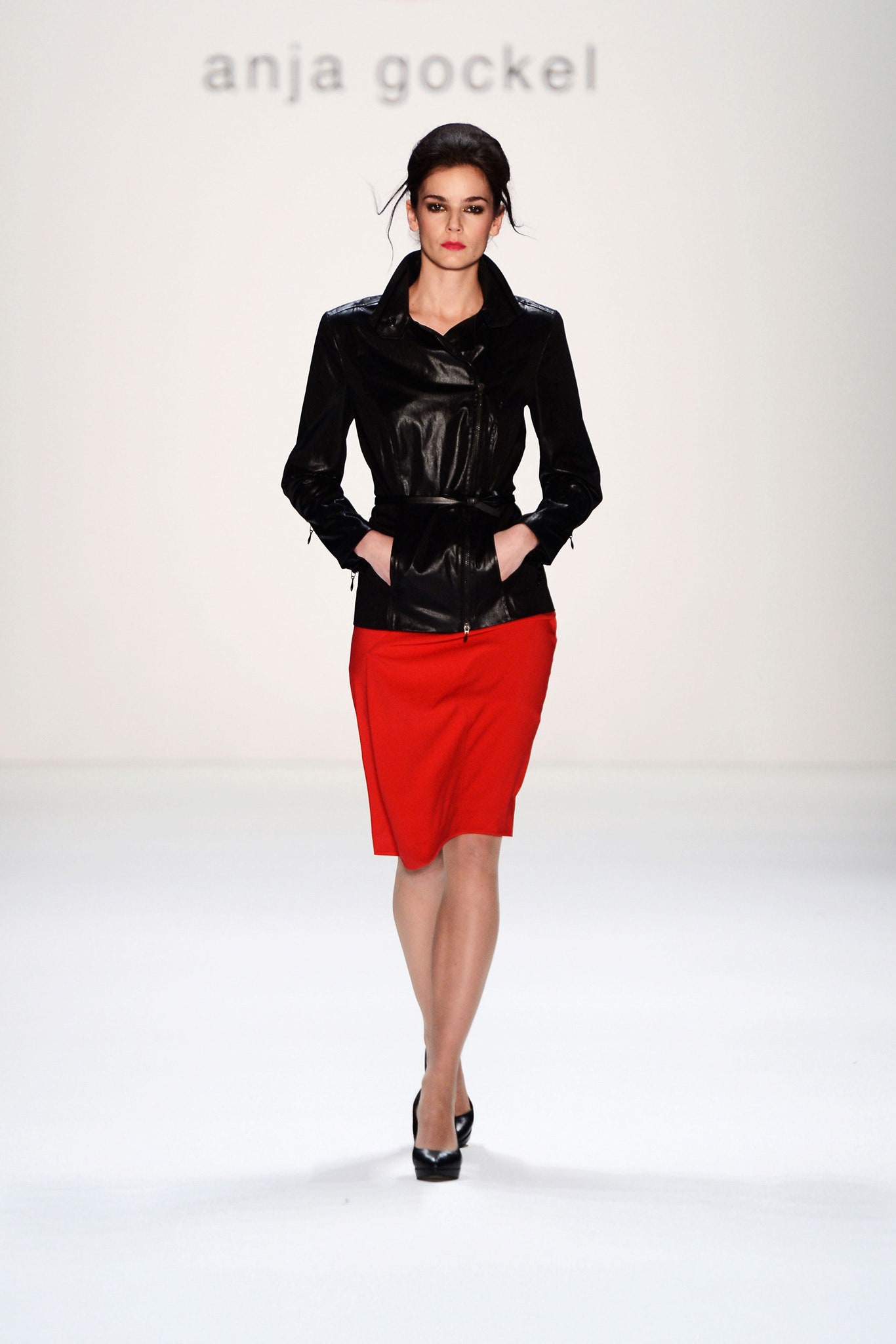 black leather fitted jacket and red pencil skirt
