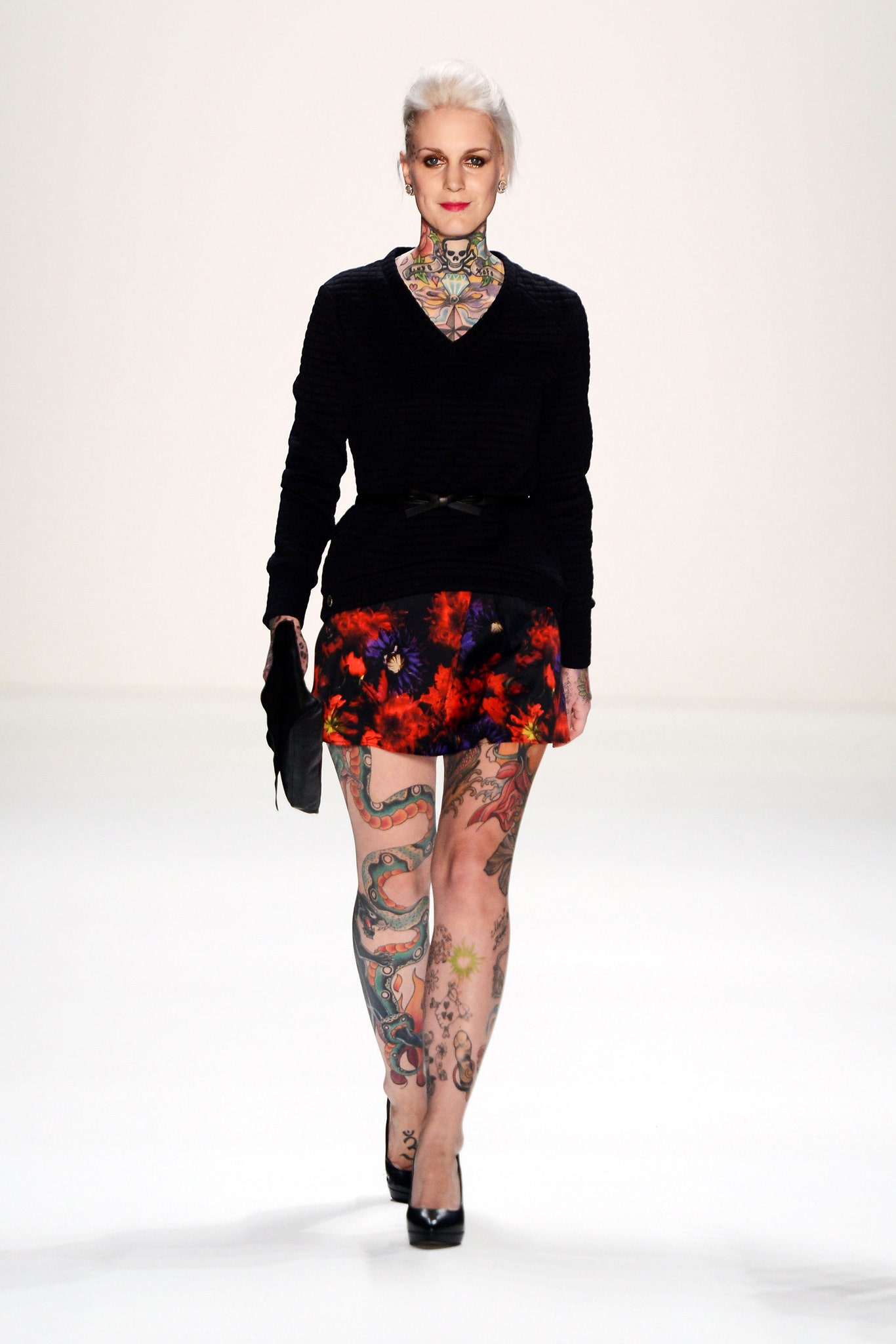 black fitted top with multi skirt