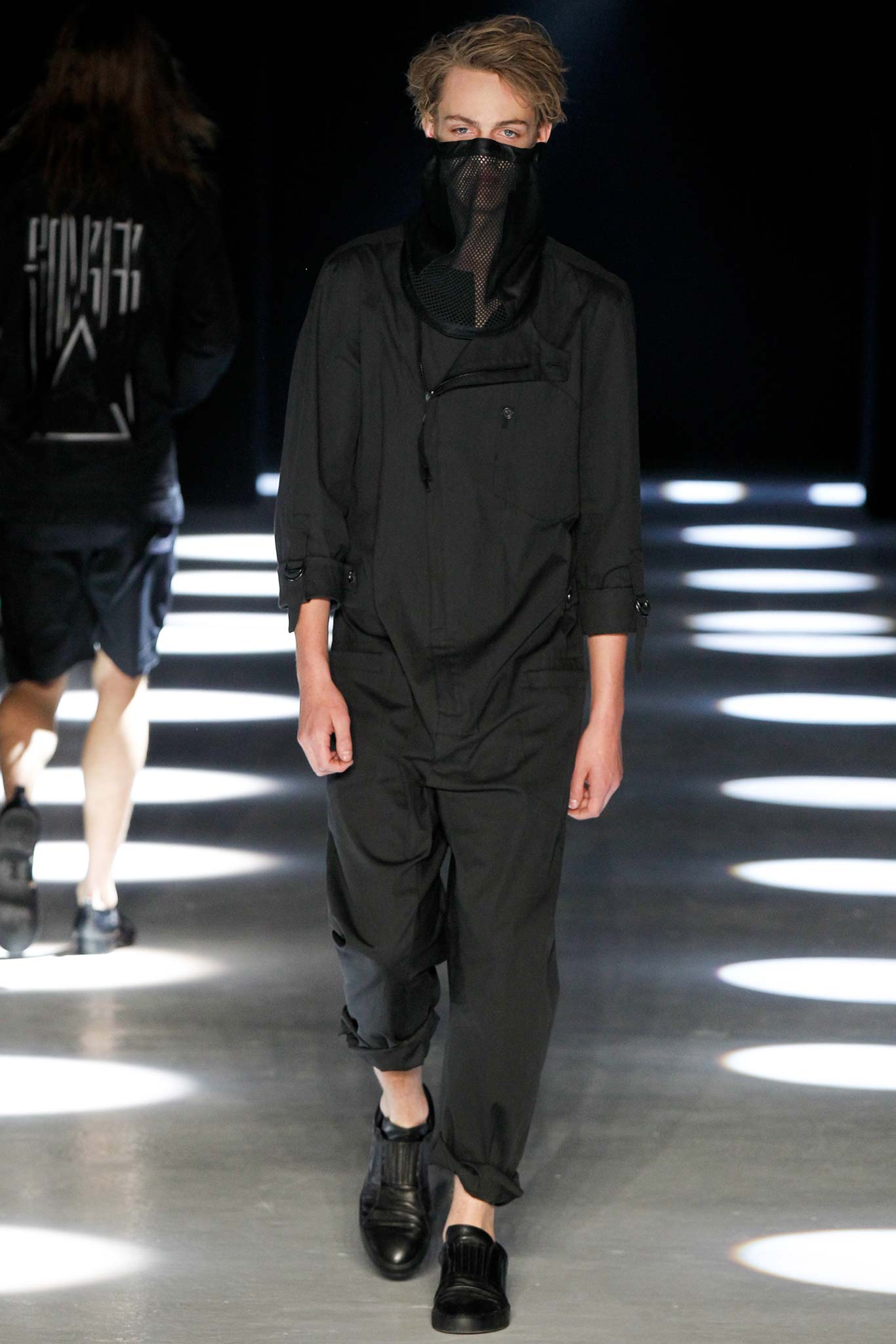 black fitted jumpsuit with mask