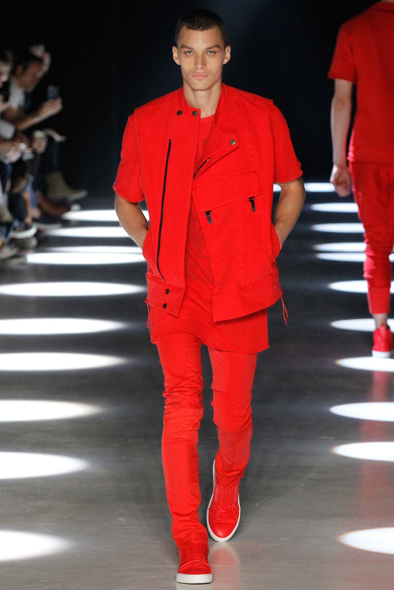 red fitted jacket and pants