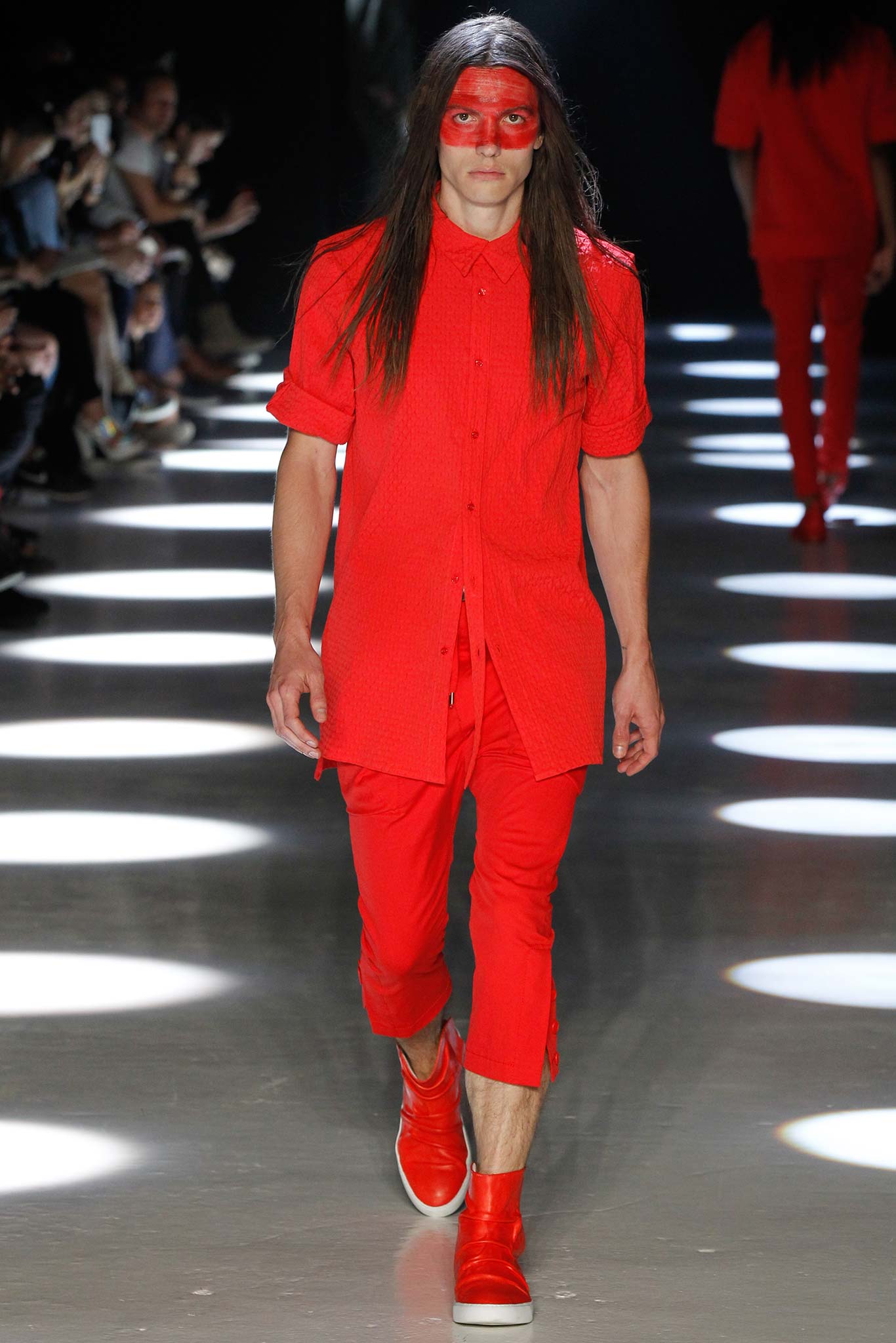 red fitted shirt and pants