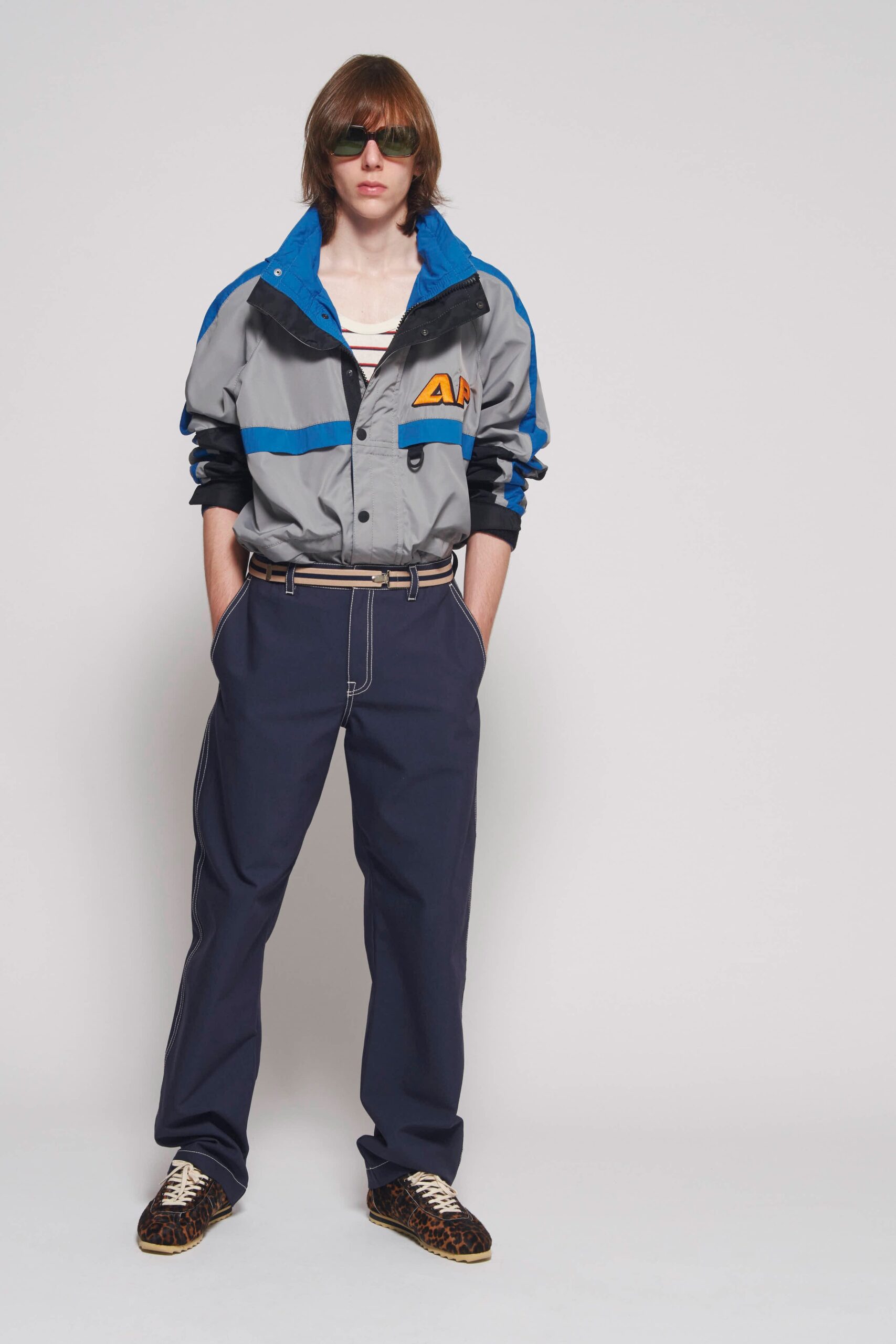 gray color-blocked jacket with navy pants