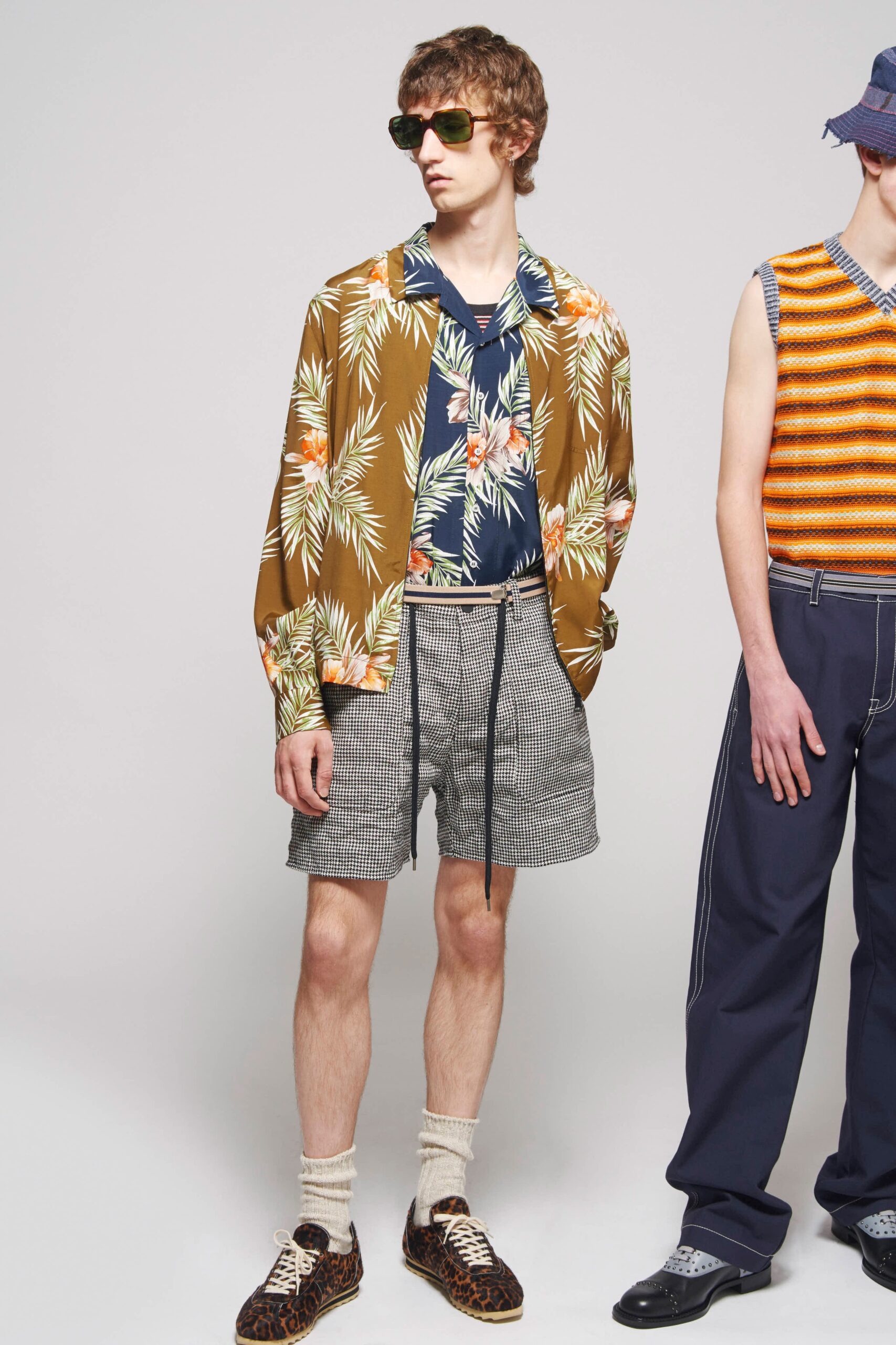 floral shirt with checked shorts