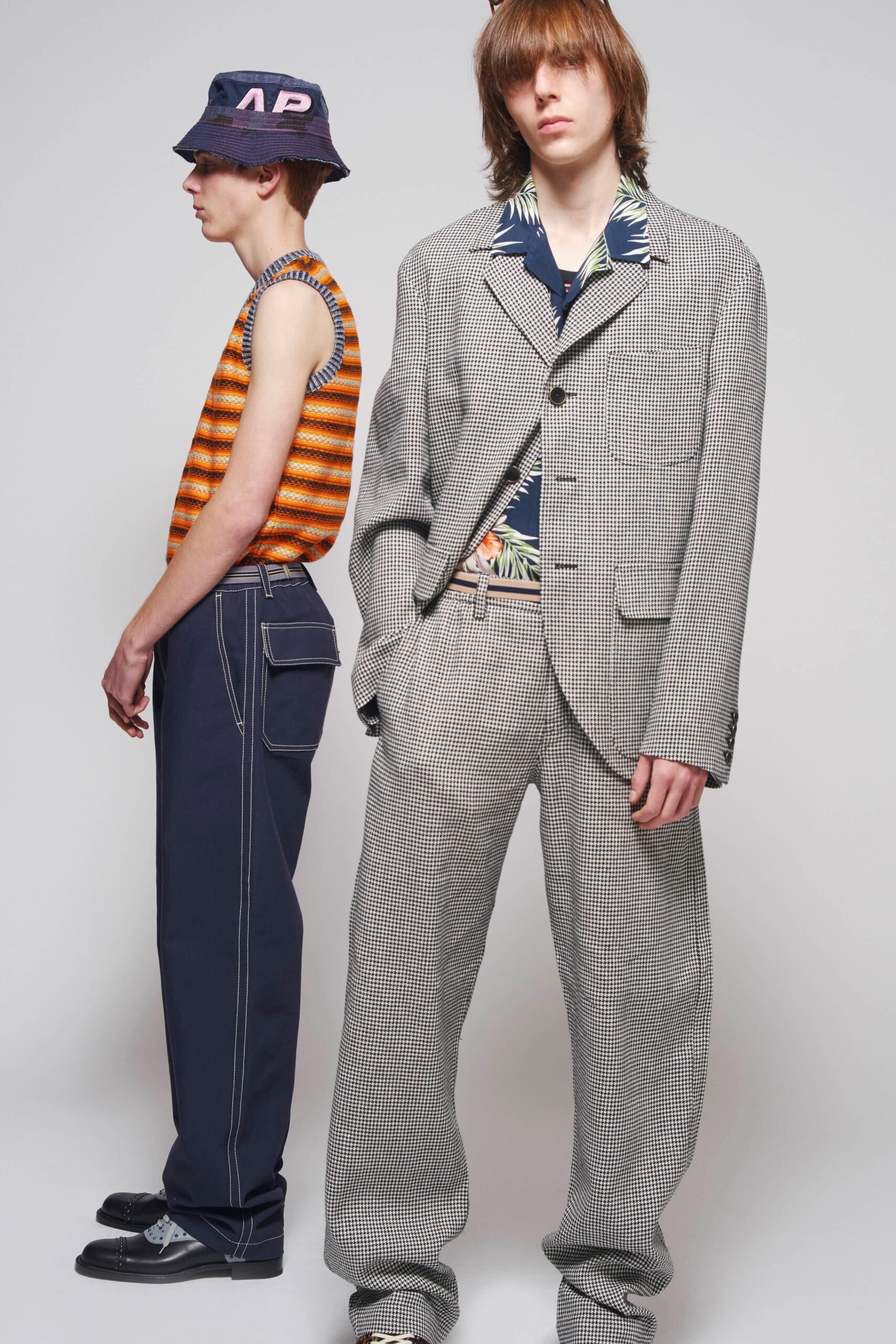 gray suit and striped tank-top