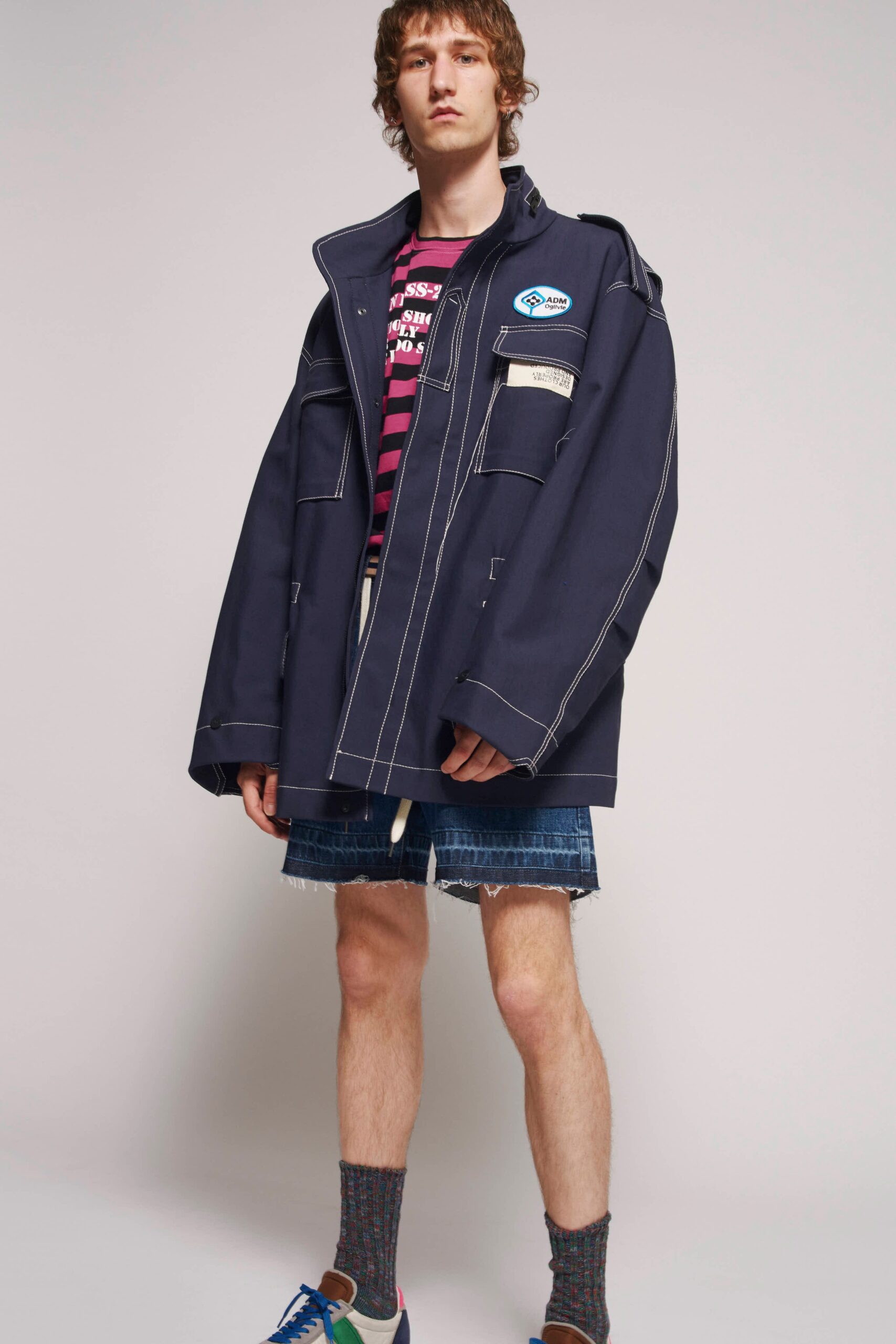 oversized blue jacket with denim shorts