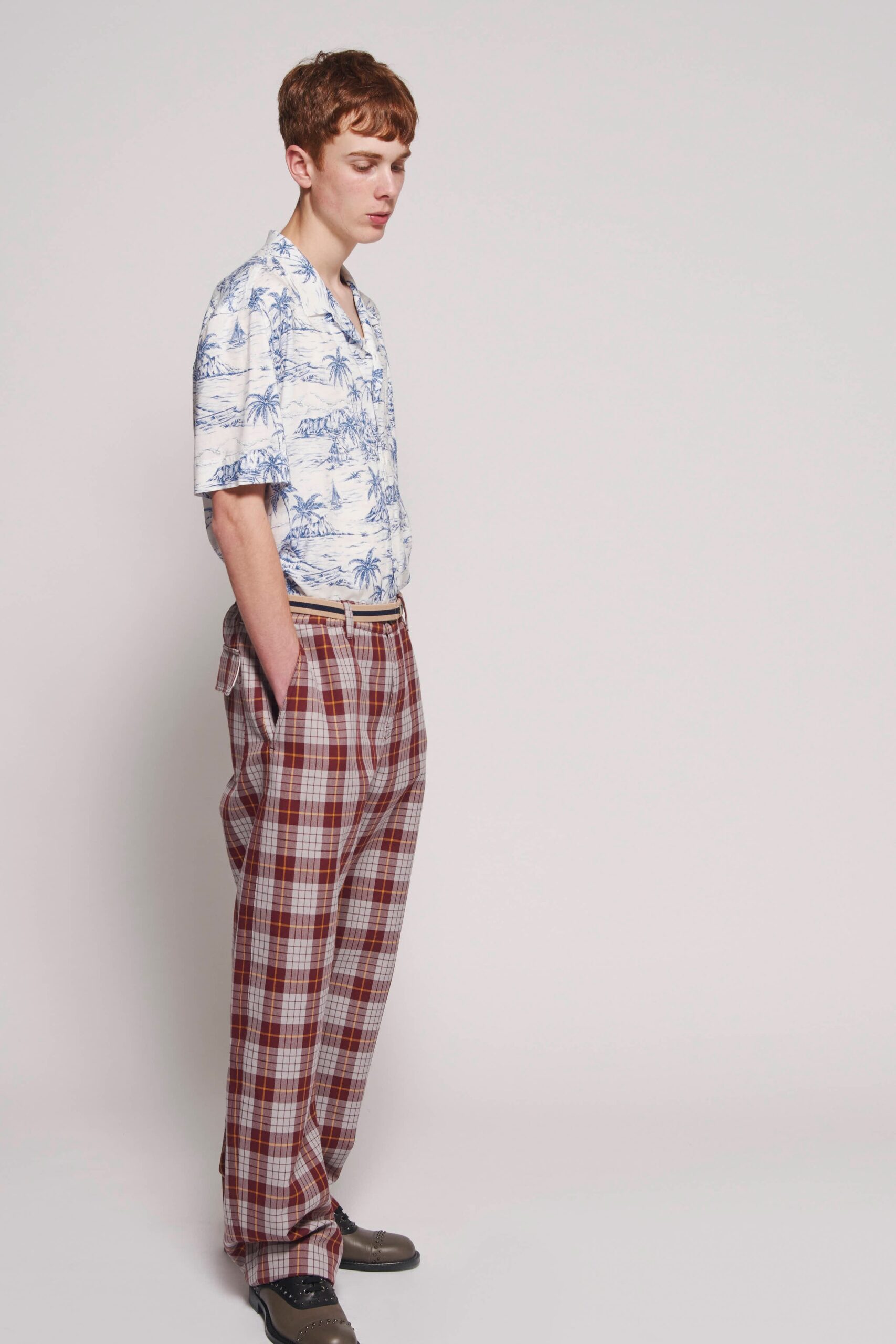 relaxed printed shirt and plaid pants