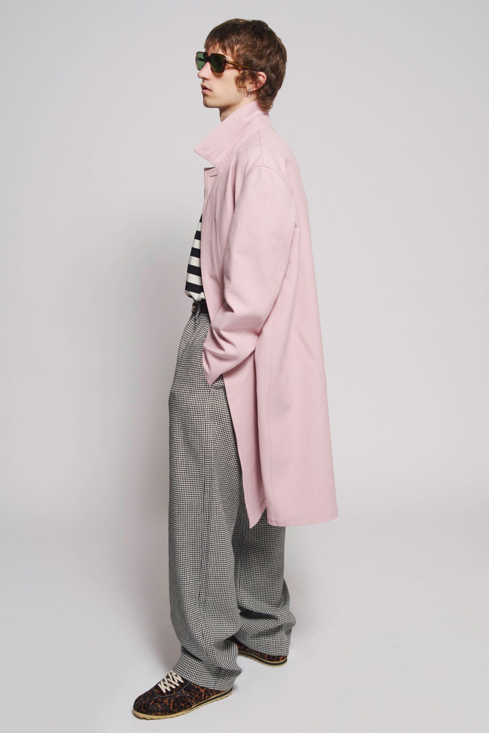 pink leather coat with striped shirt
