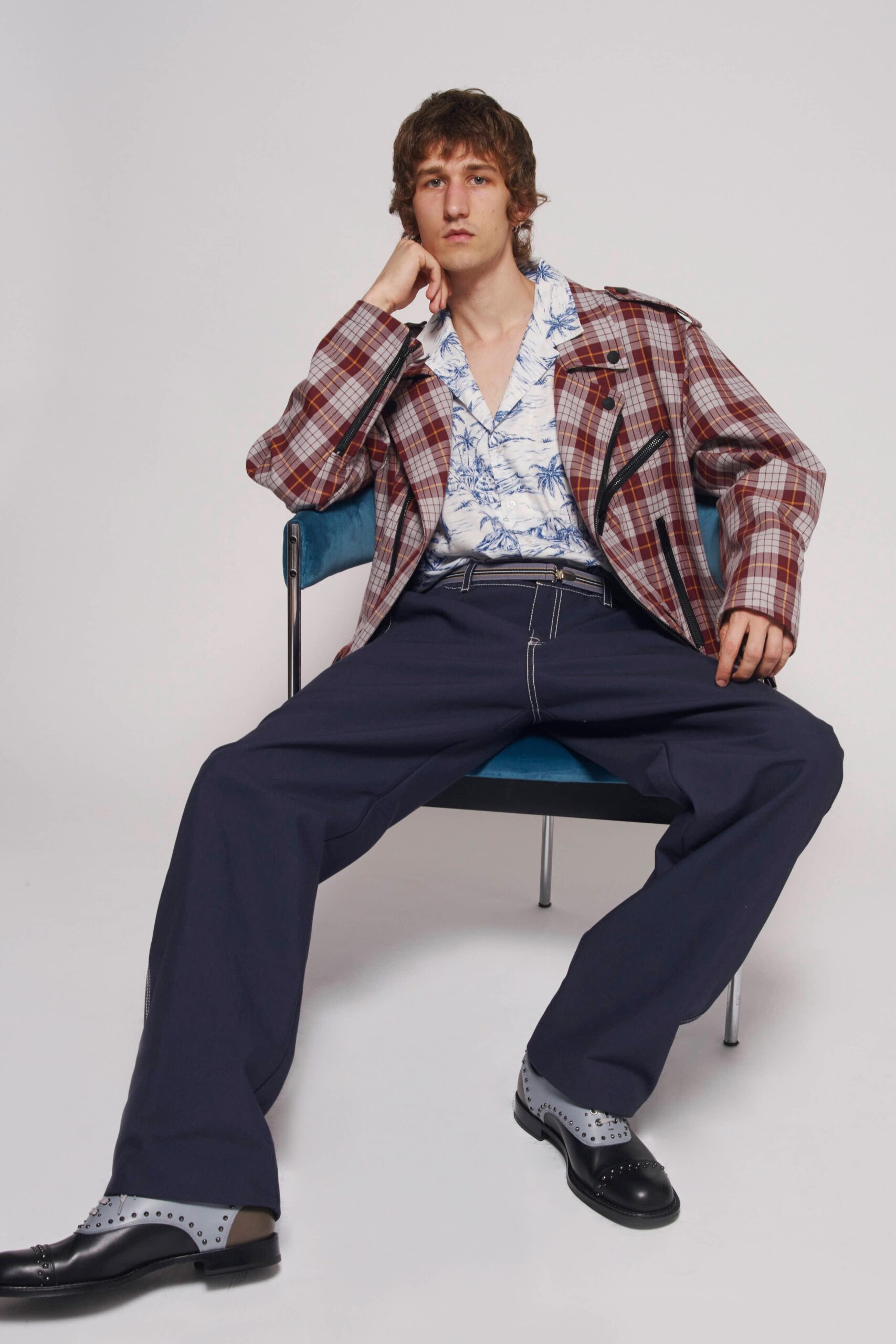 relaxed checked jacket with floral shirt