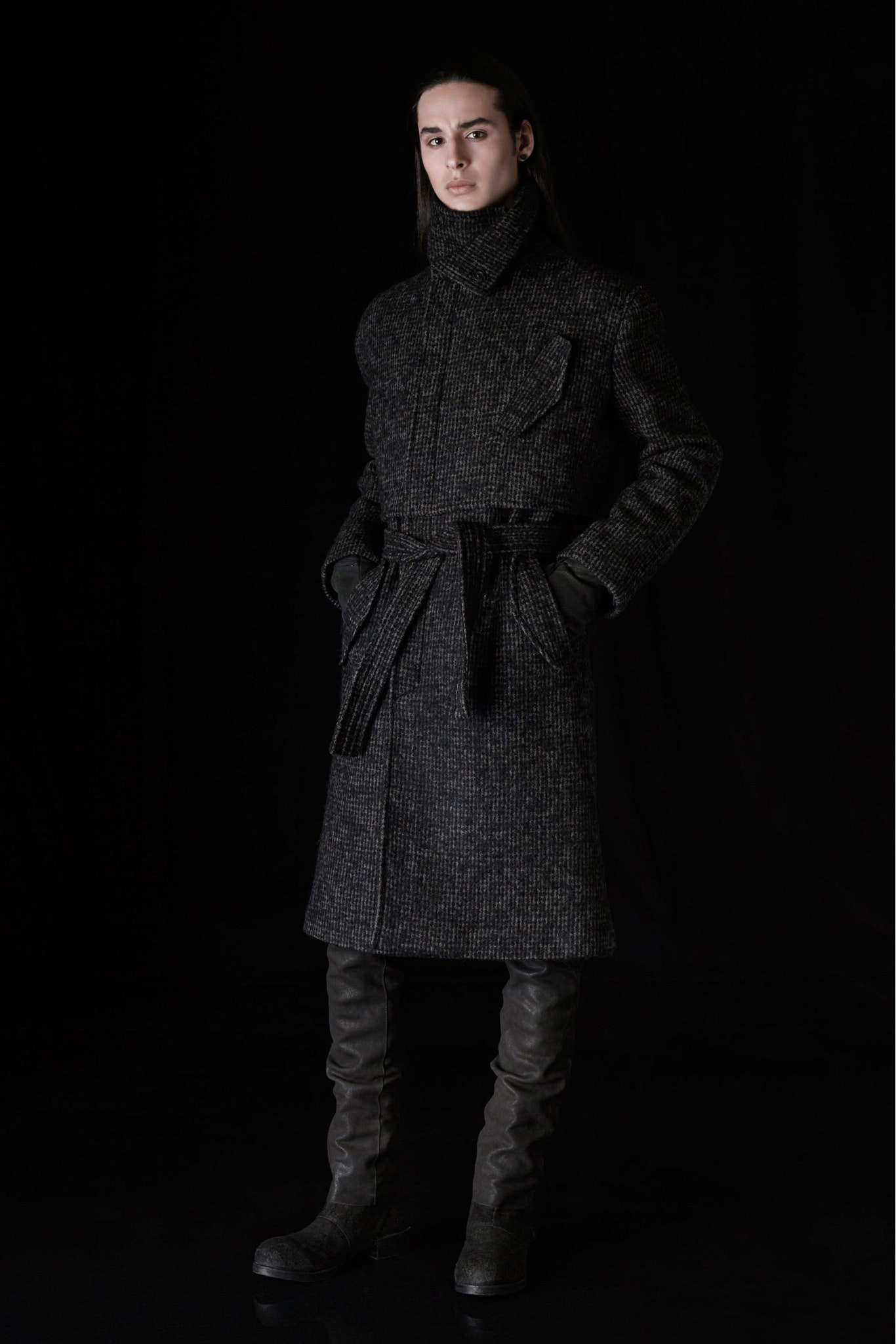 black gray belted wool coat