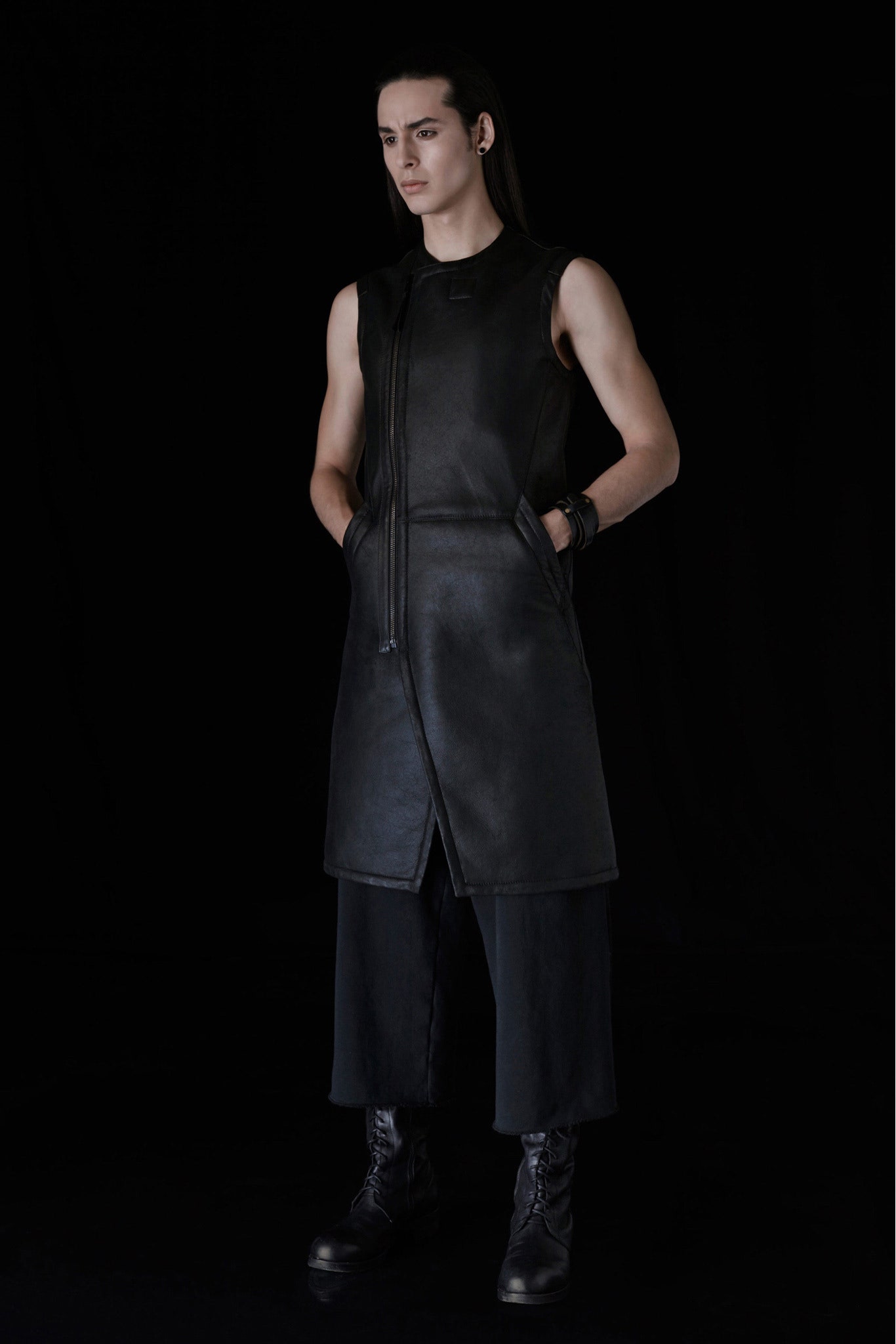 black leather sleeveless dress with wide-leg pants