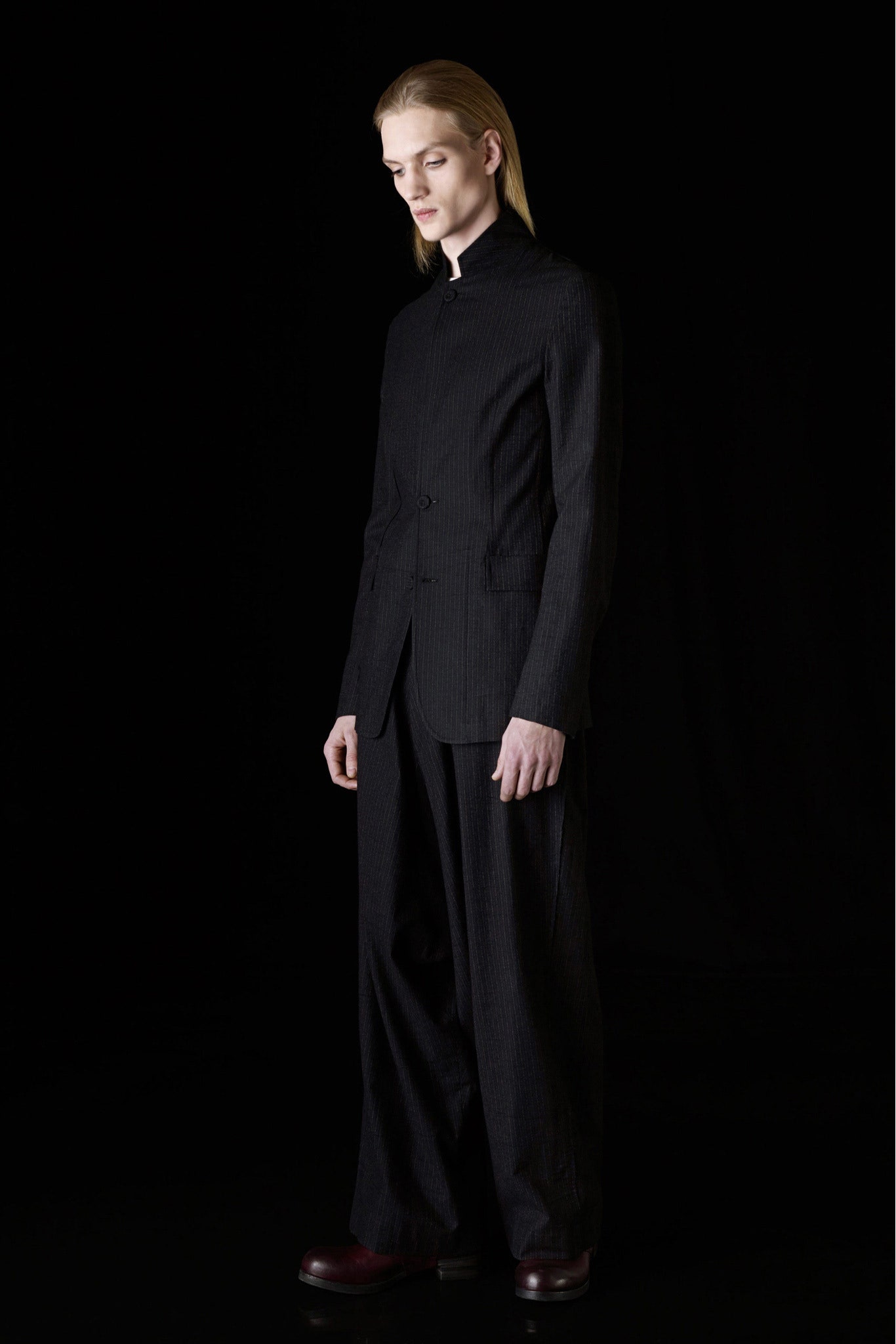black tailored blazer and relaxed pants
