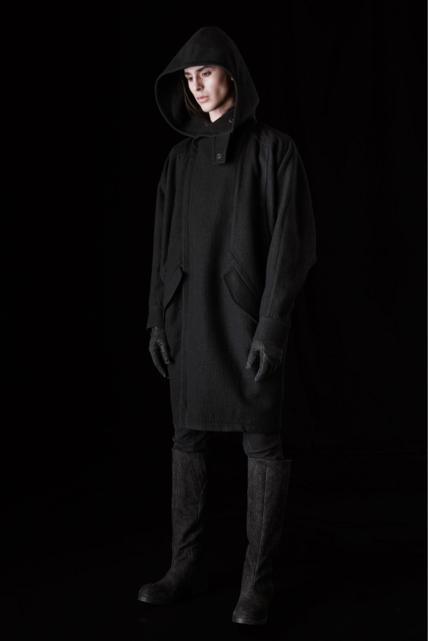 black wool coat with hood