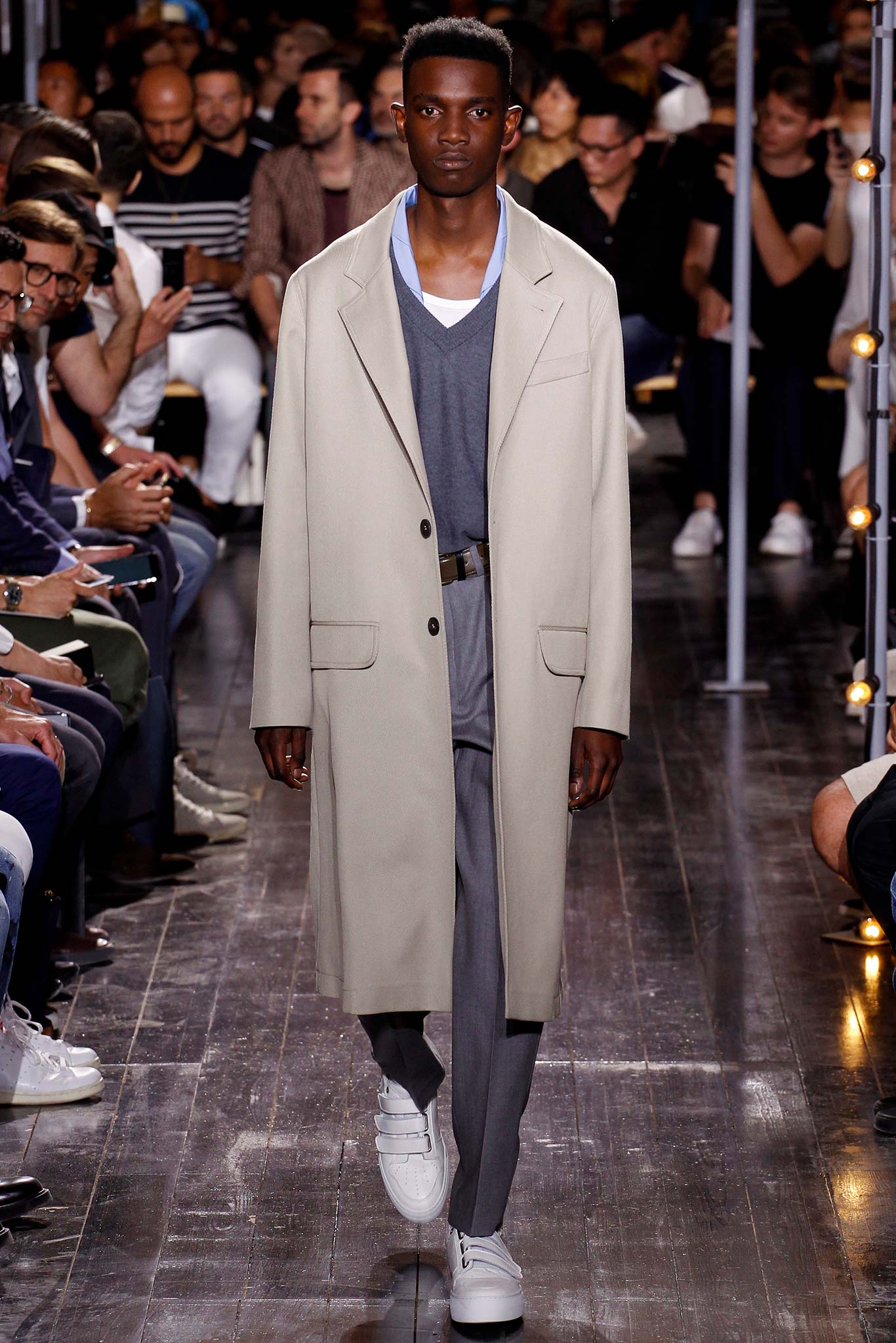 beige coat gray sweater tailored pants