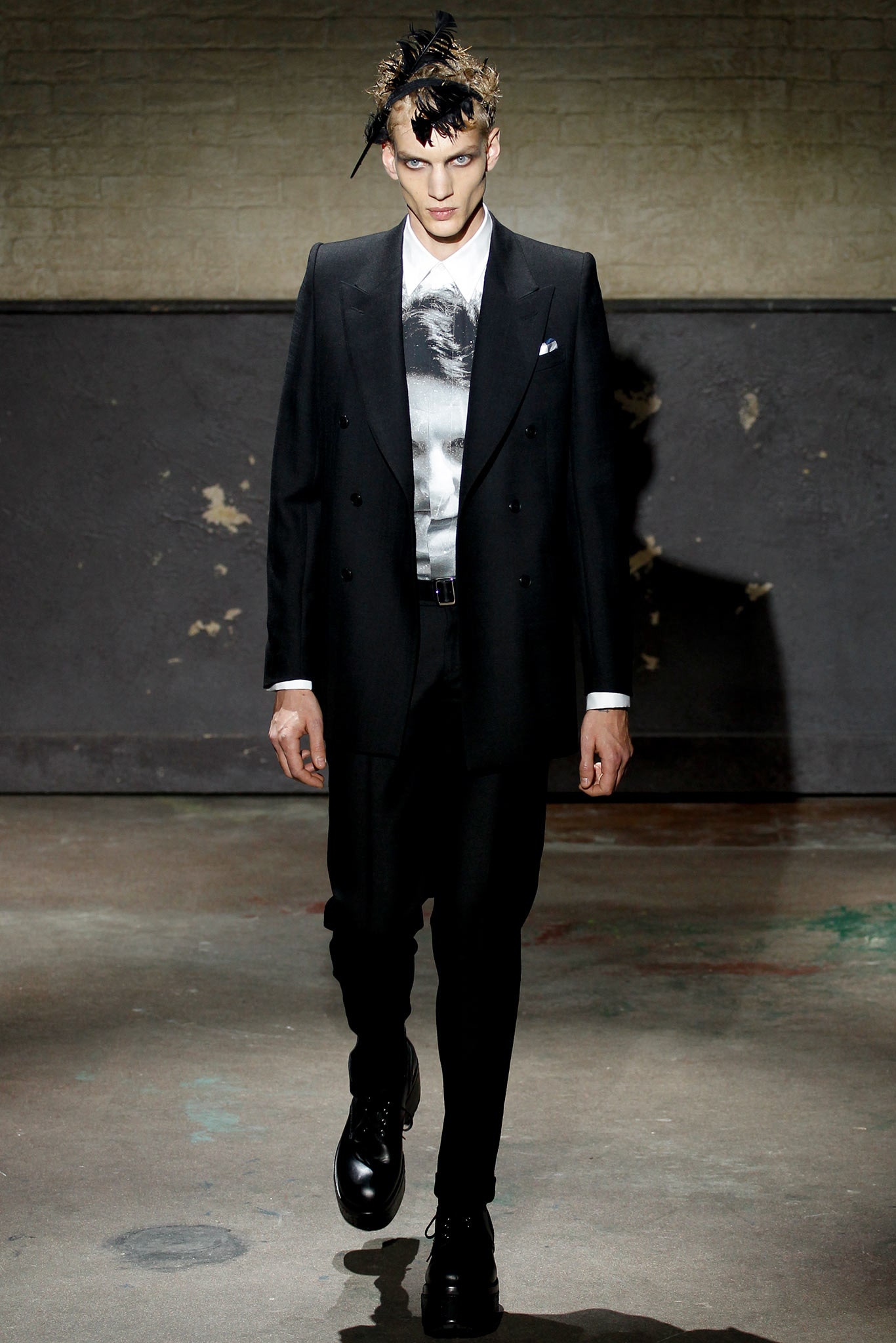 black tailored suit with printed shirt