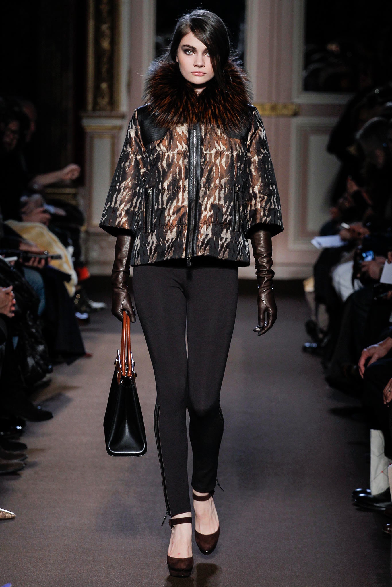 black leather short-sleeve collared fitted animal-print zippered jacket
