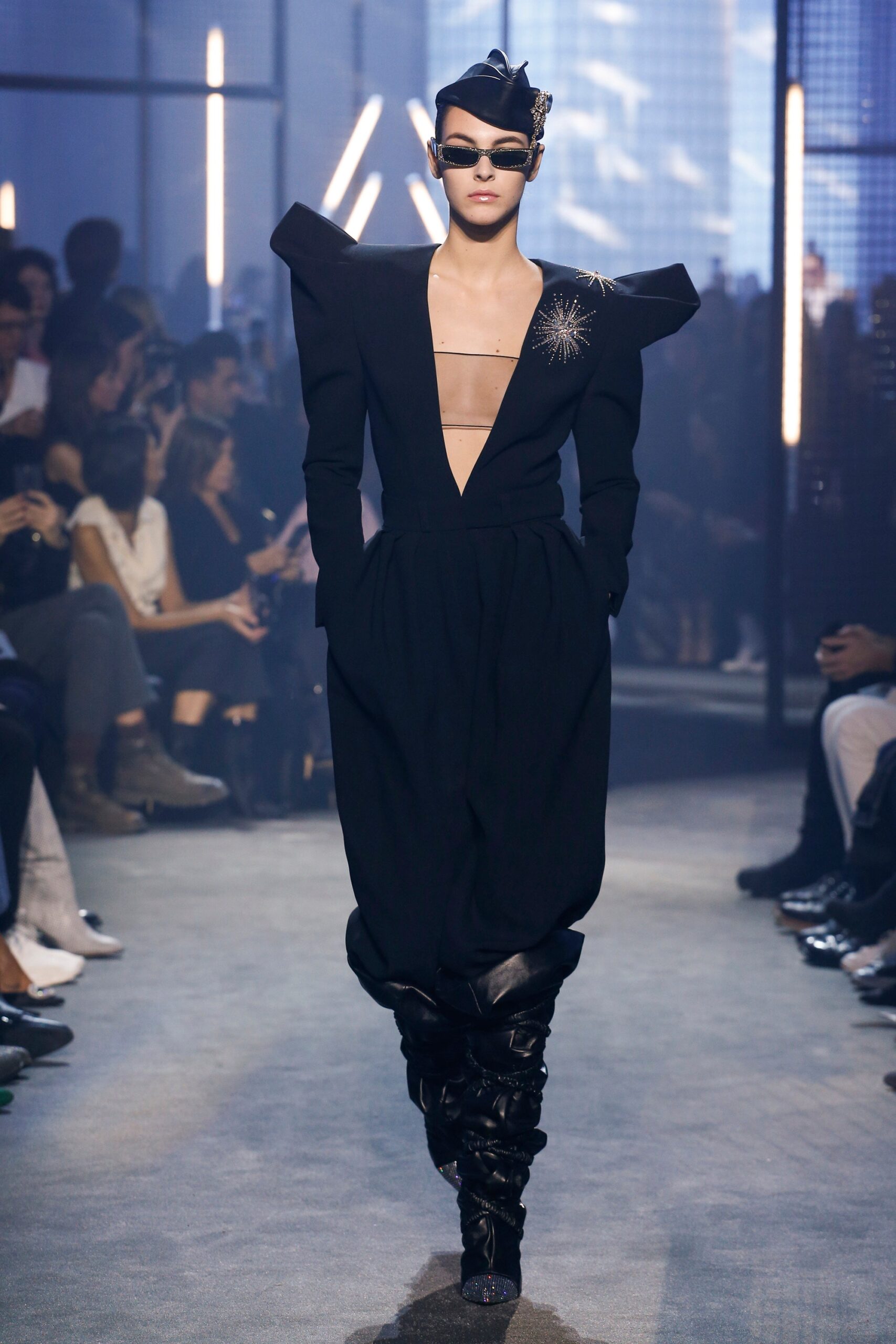 black cotton long-sleeve v-neck fitted structured midi dress