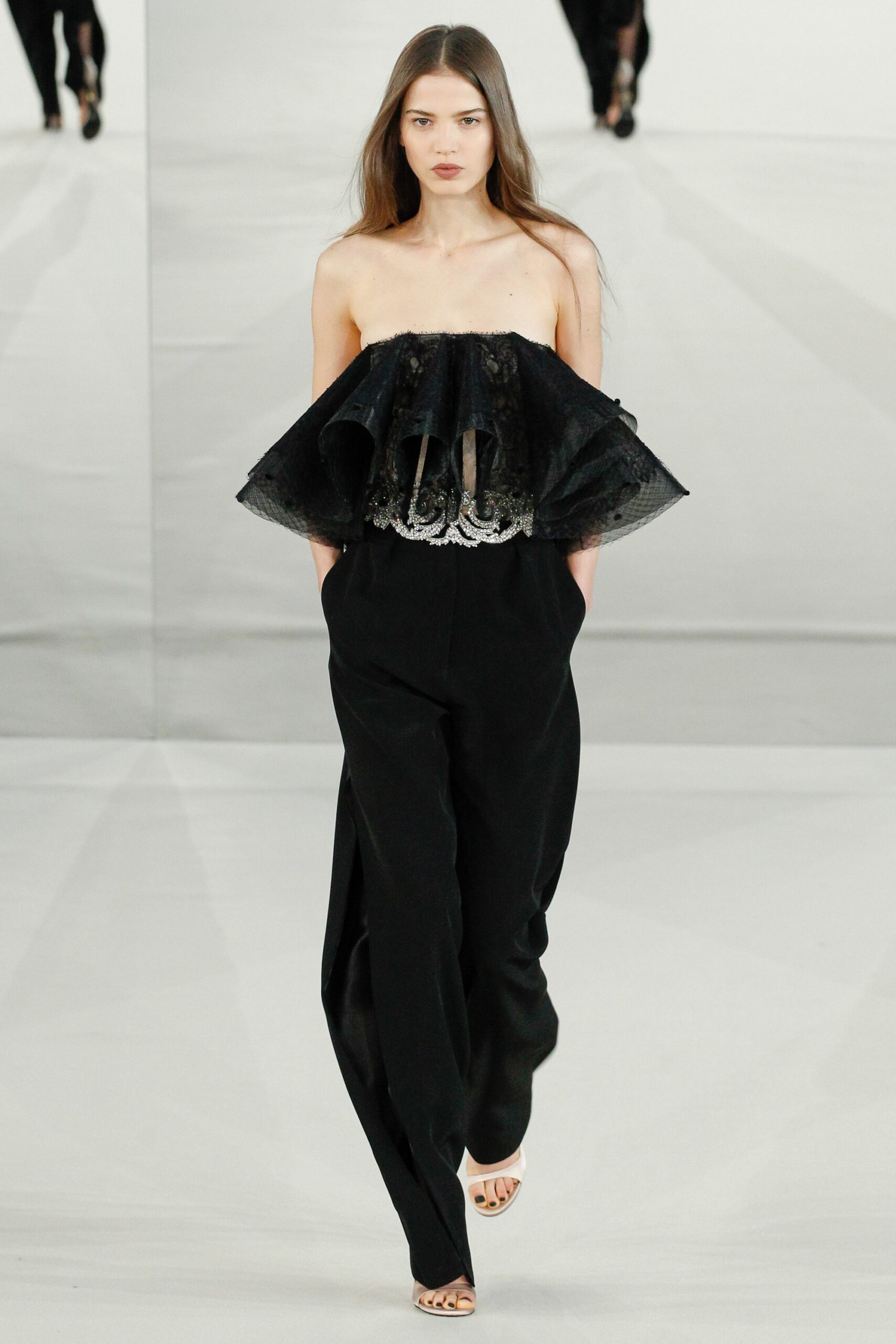 black lace strapless fitted ruffled top