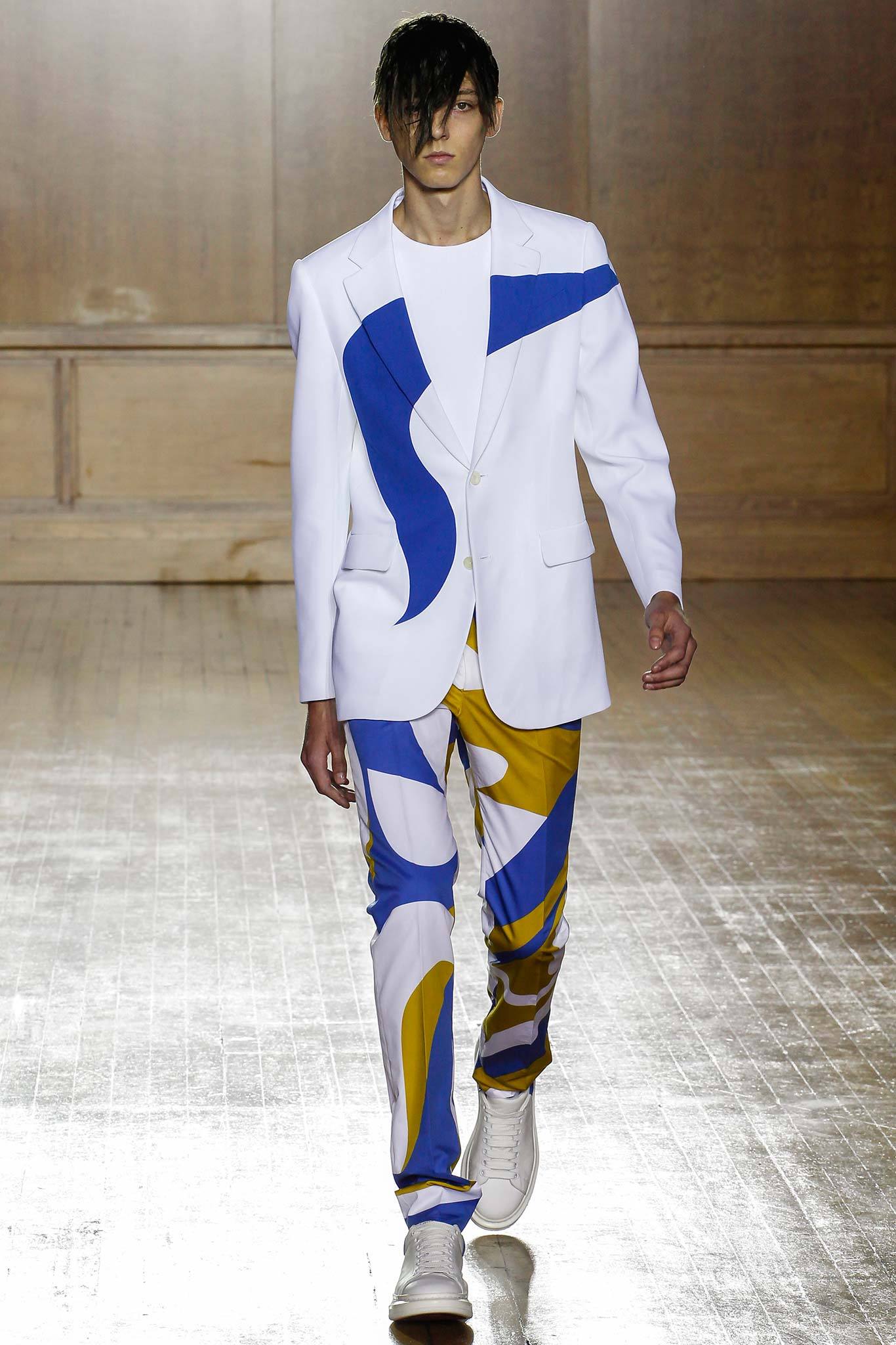 white tailored blazer with color-blocked pants