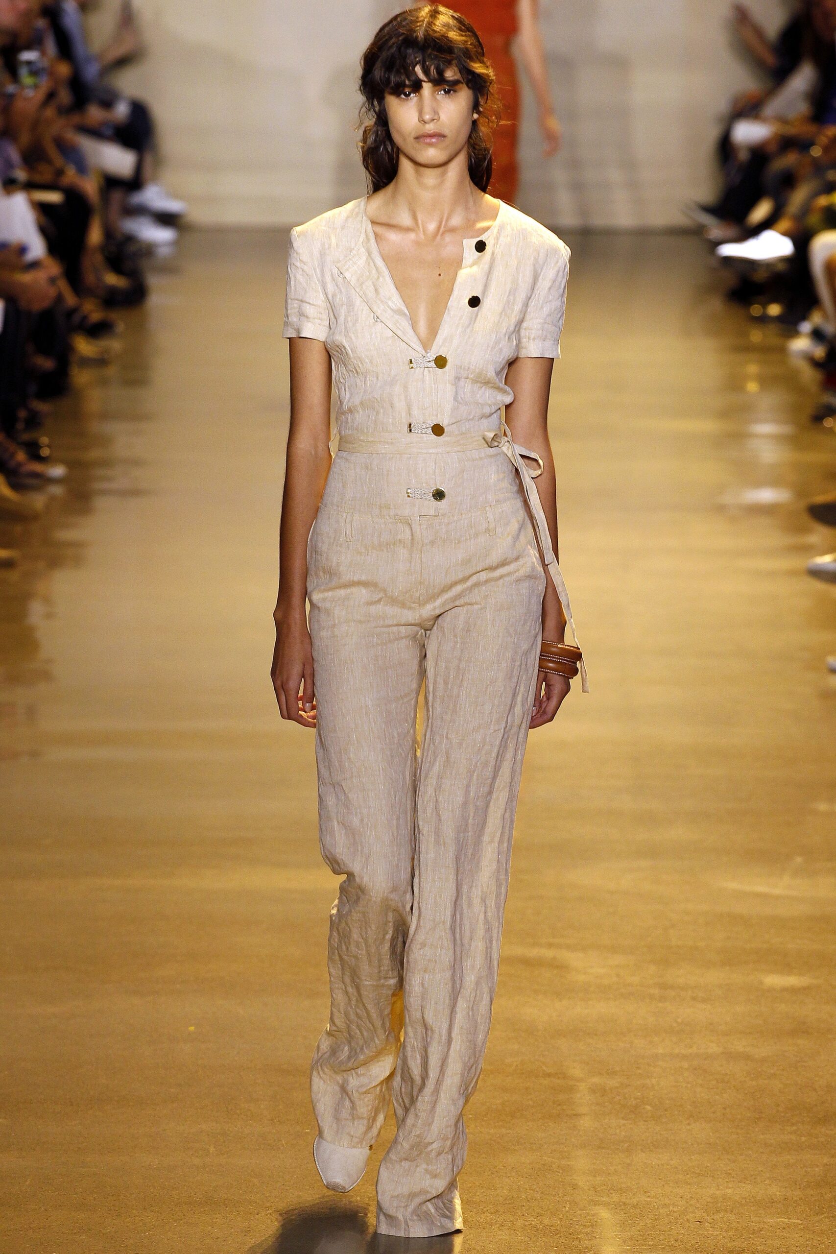 beige fitted linen jumpsuit