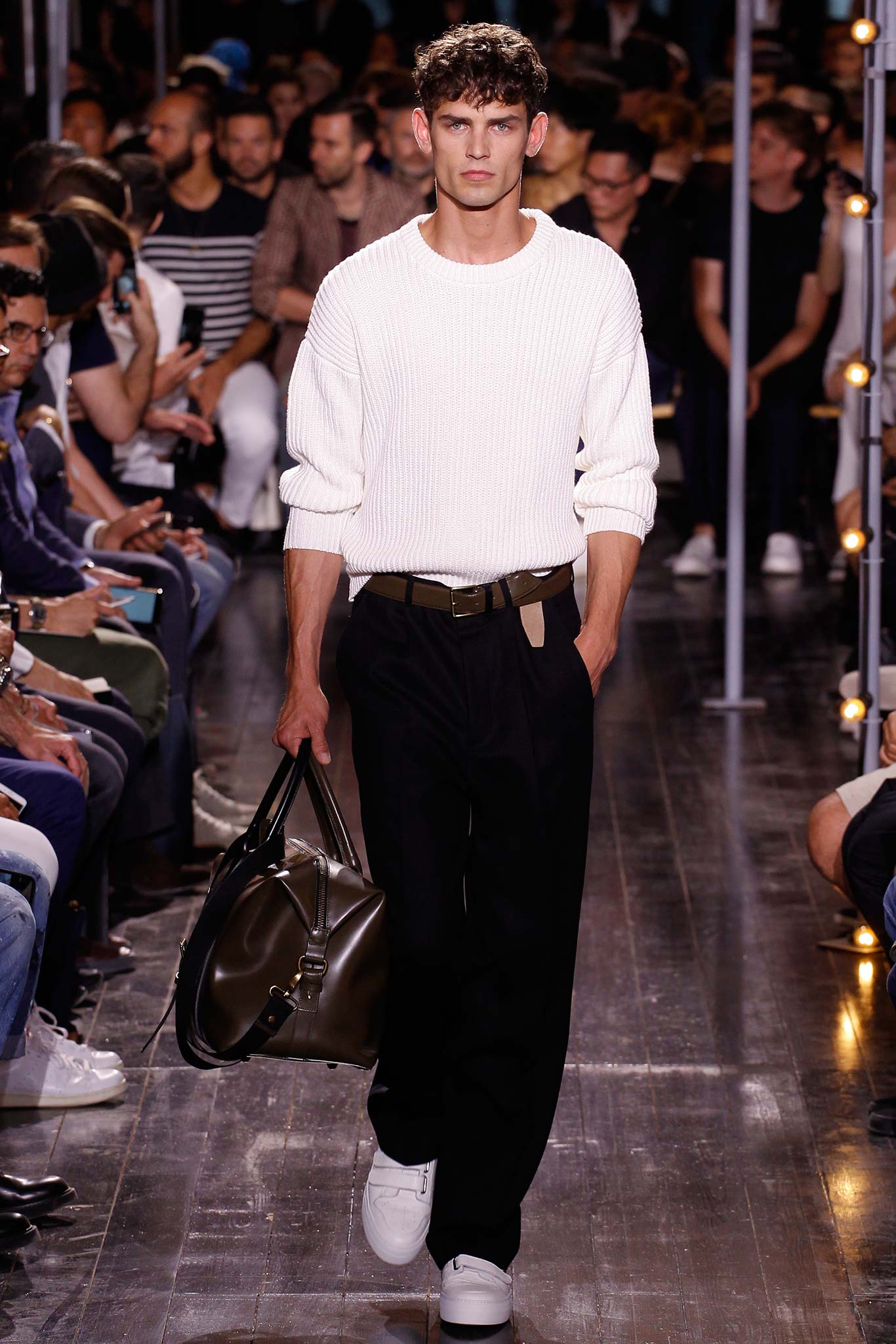 white fitted sweater with black pants