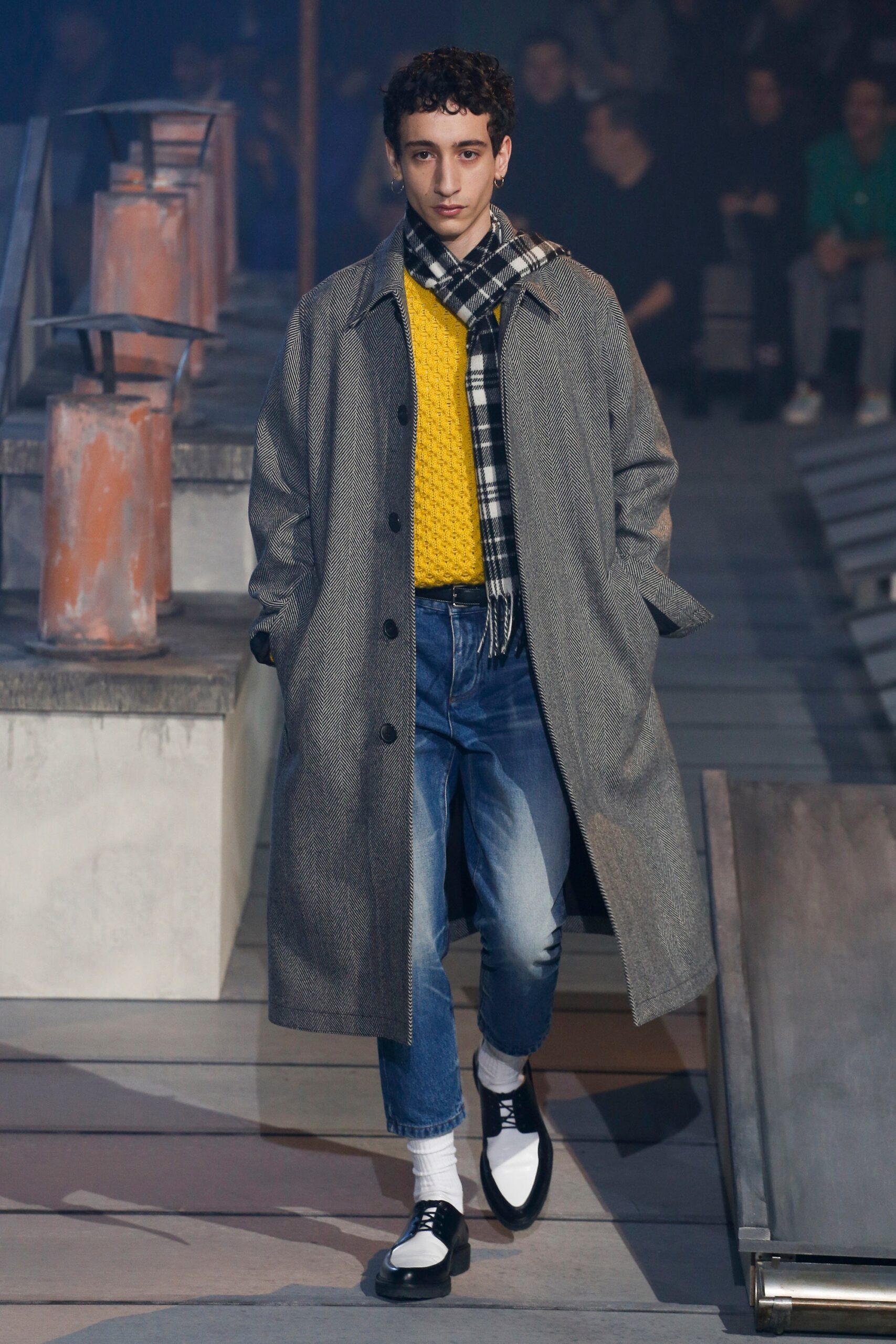gray wool coat with yellow sweater