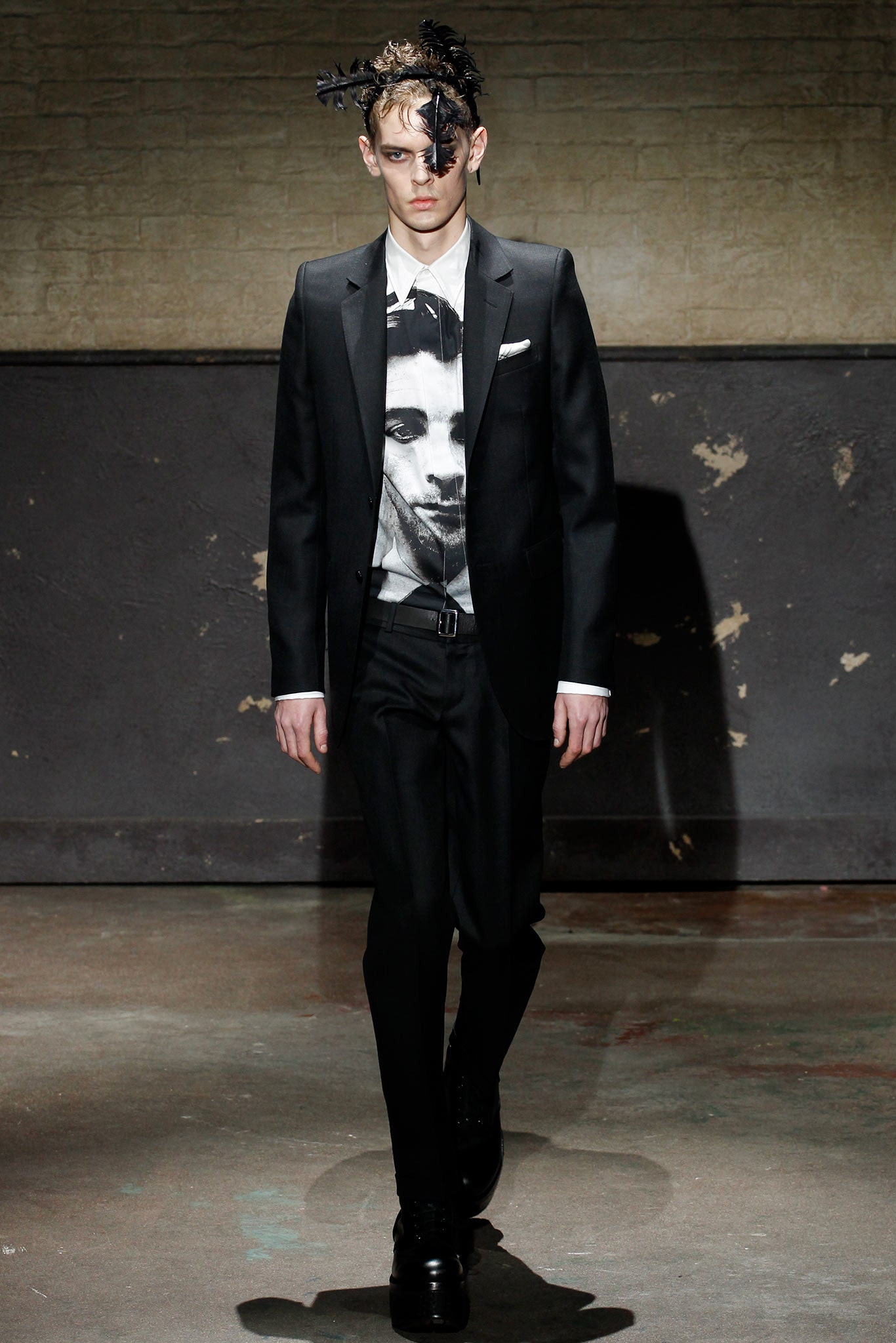 black tailored suit with printed shirt