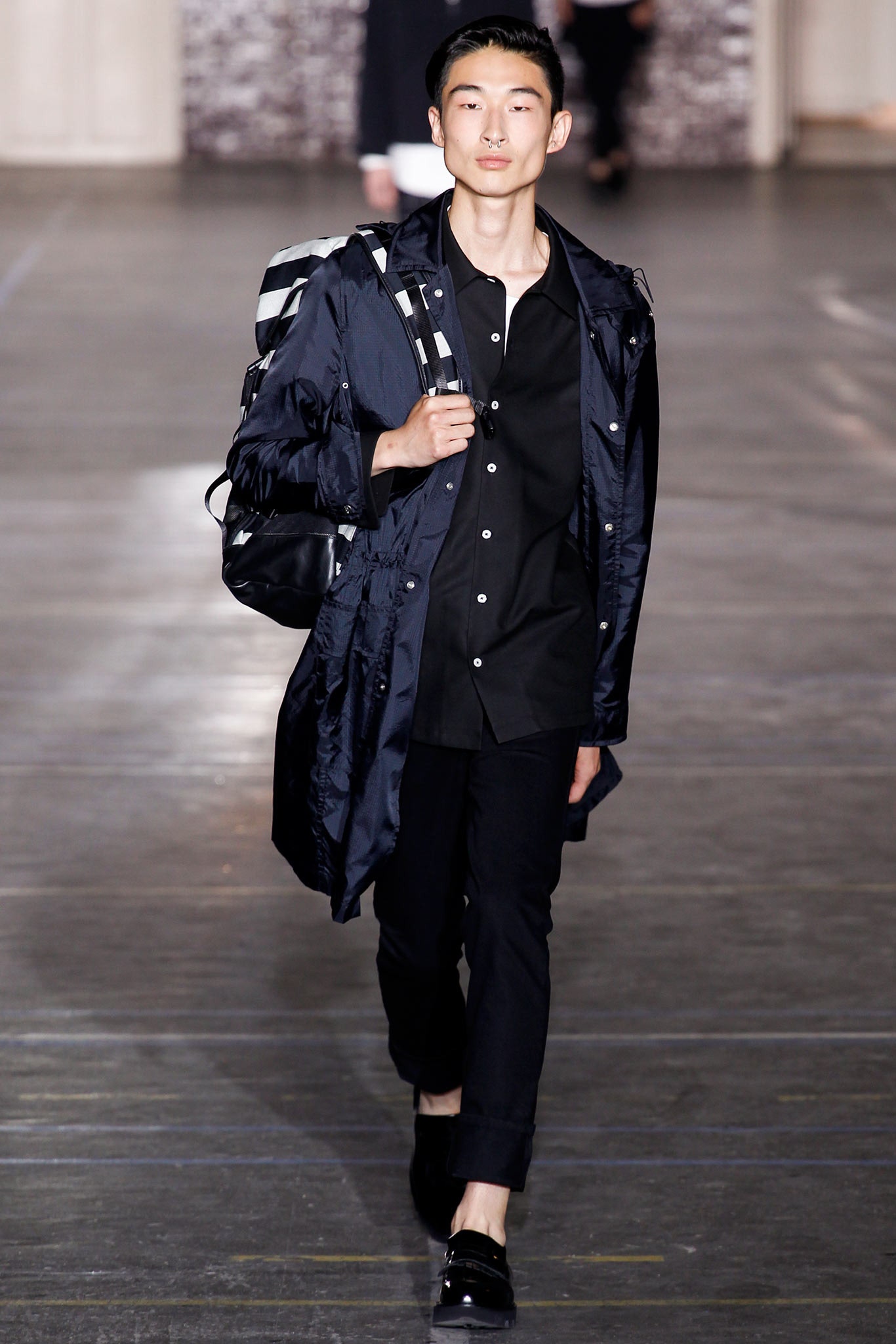 navy coat black shirt black pants