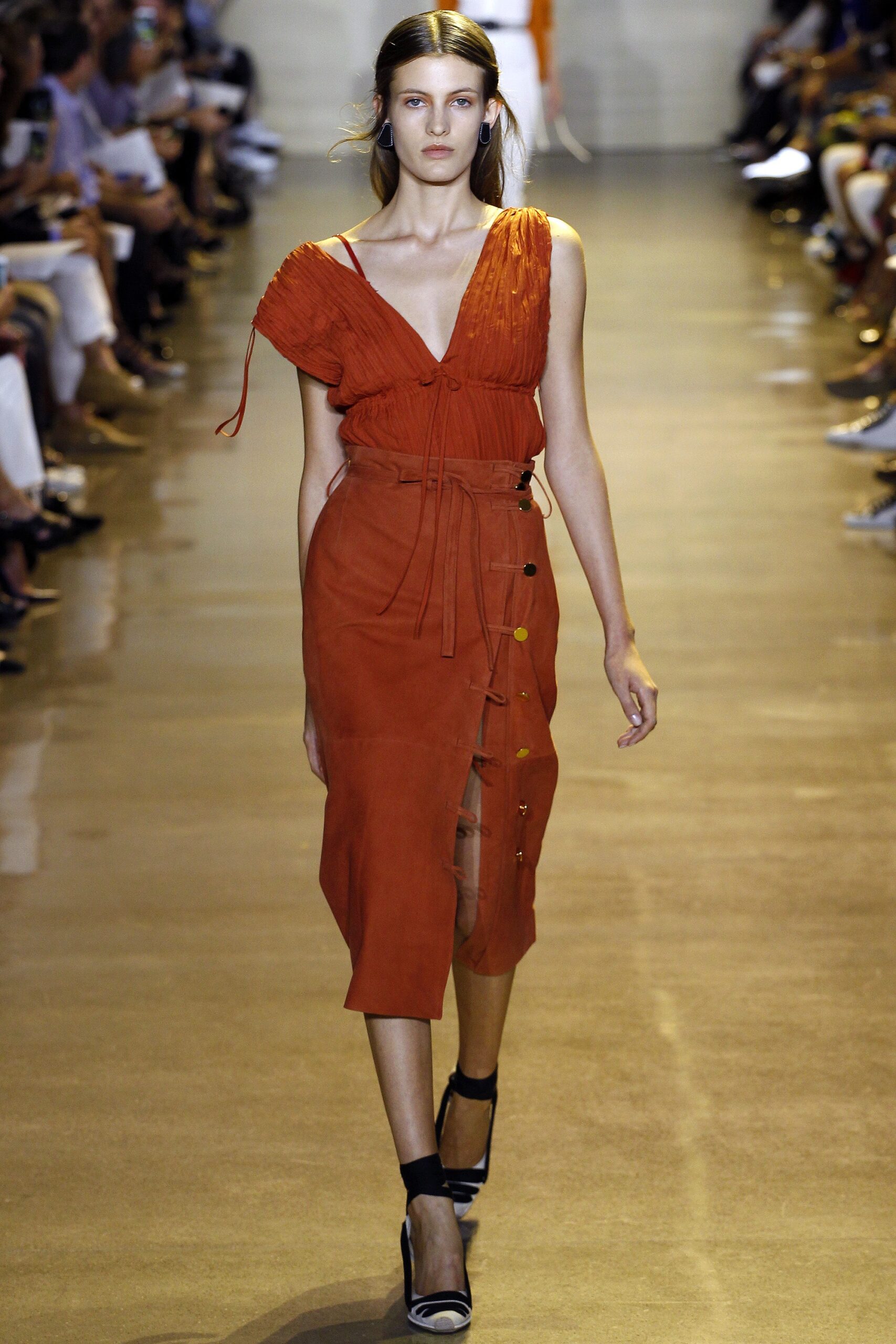 fitted orange pleated midi dress