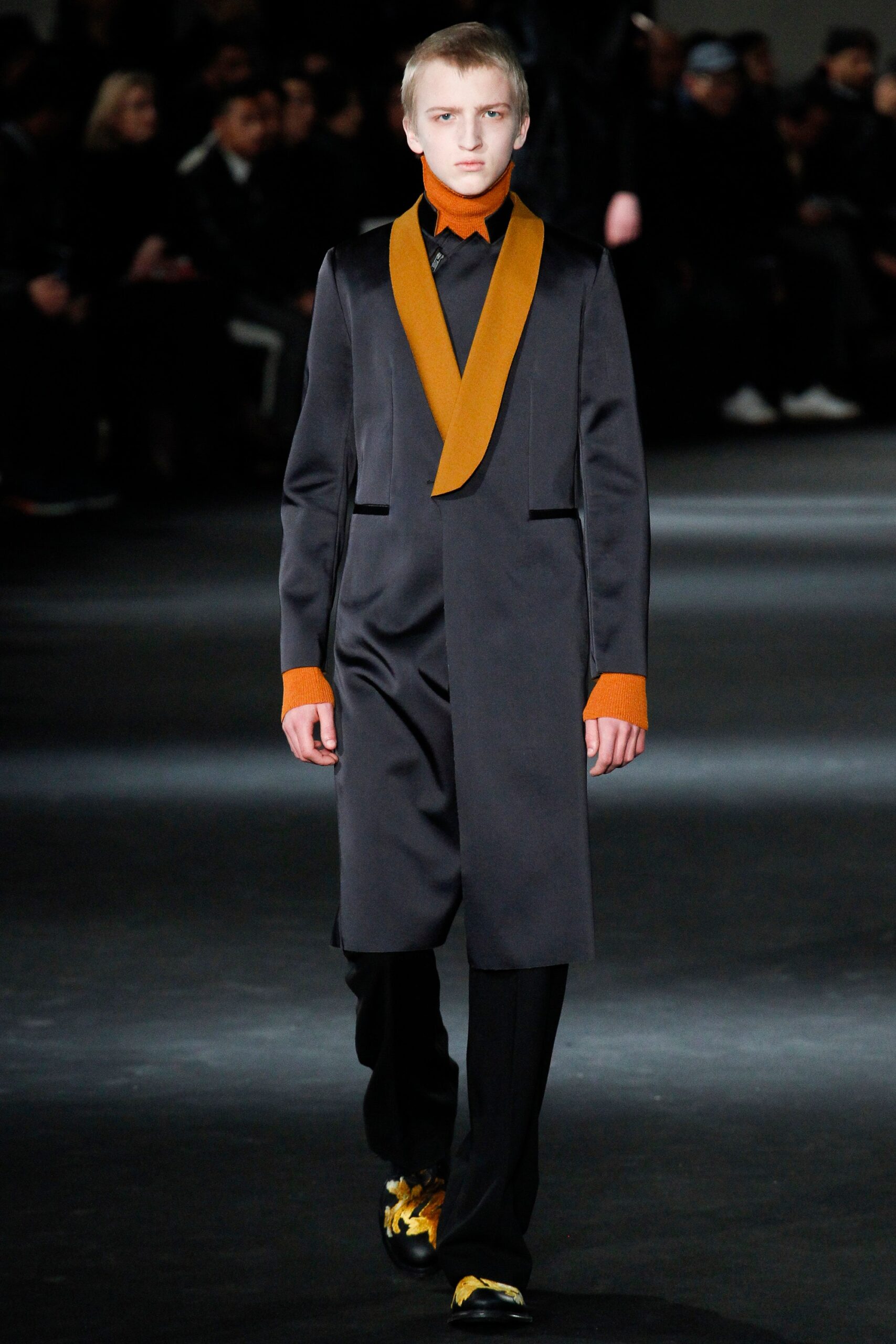 black silk fitted coat and pants