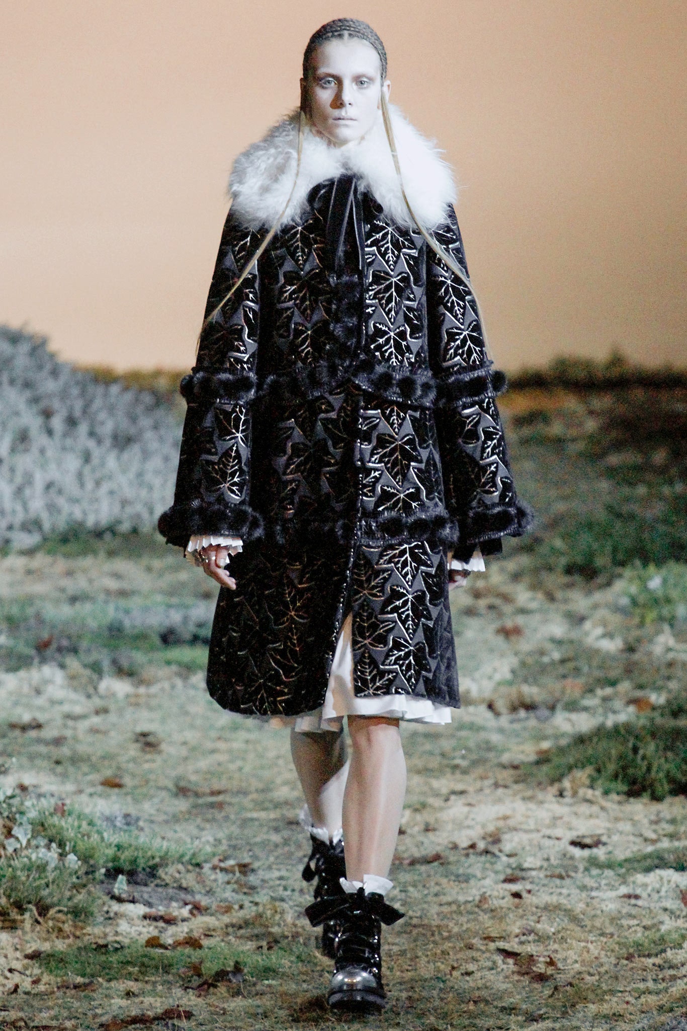 black fur long-sleeve collared relaxed embroidered belted coat