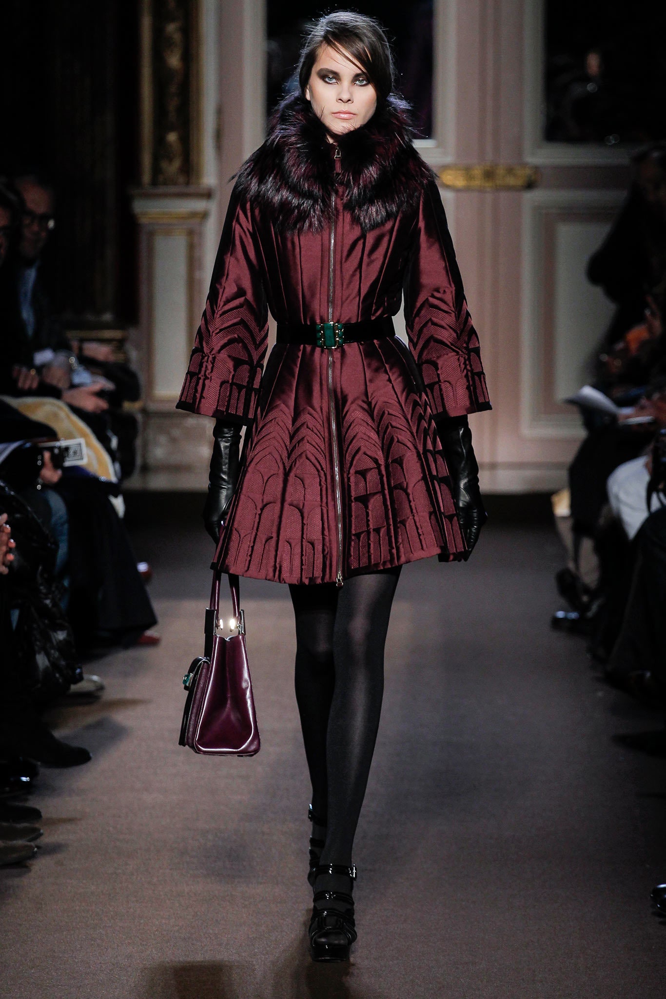 fitted maroon pleated coat