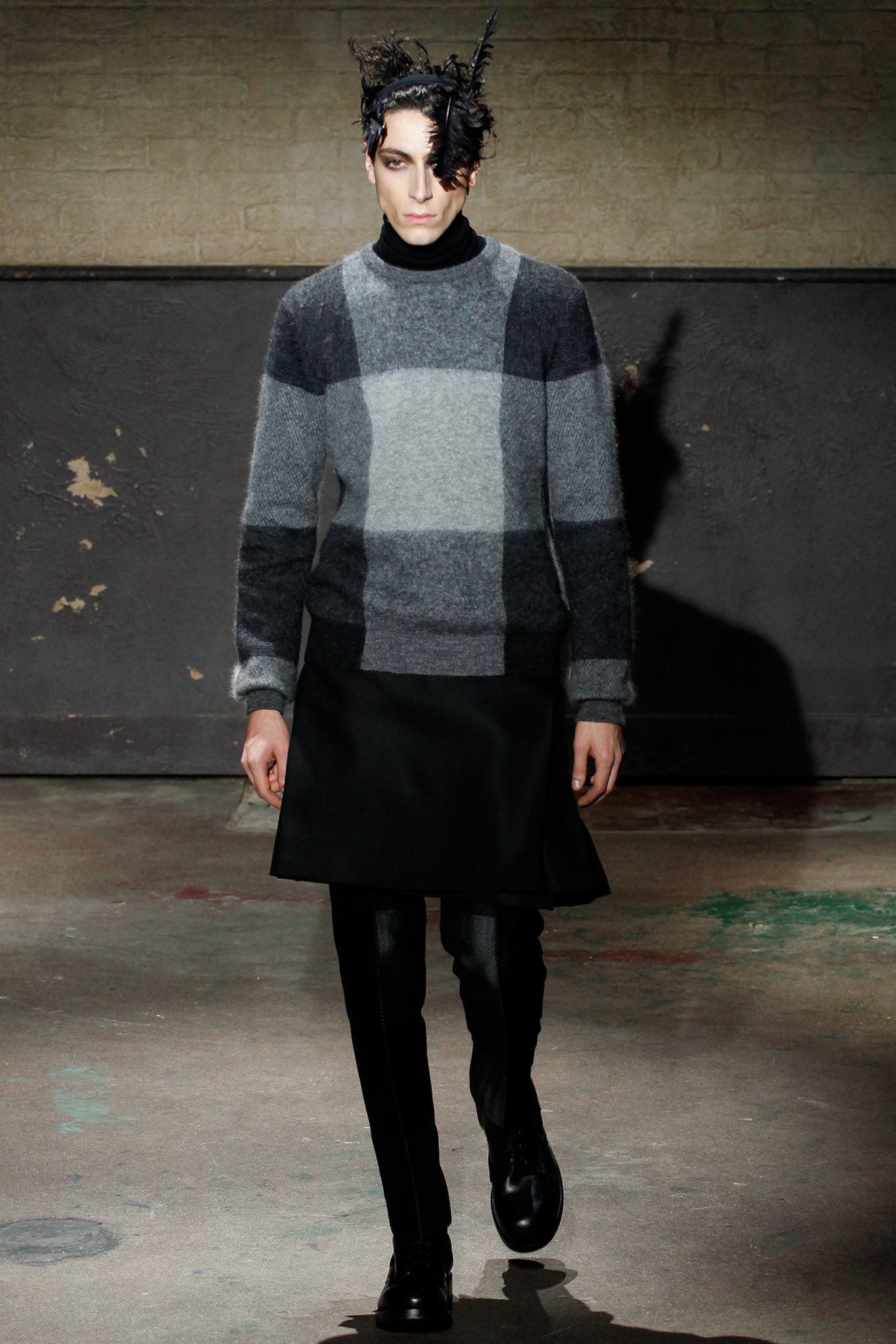 gray and black checked sweater with mini skirt