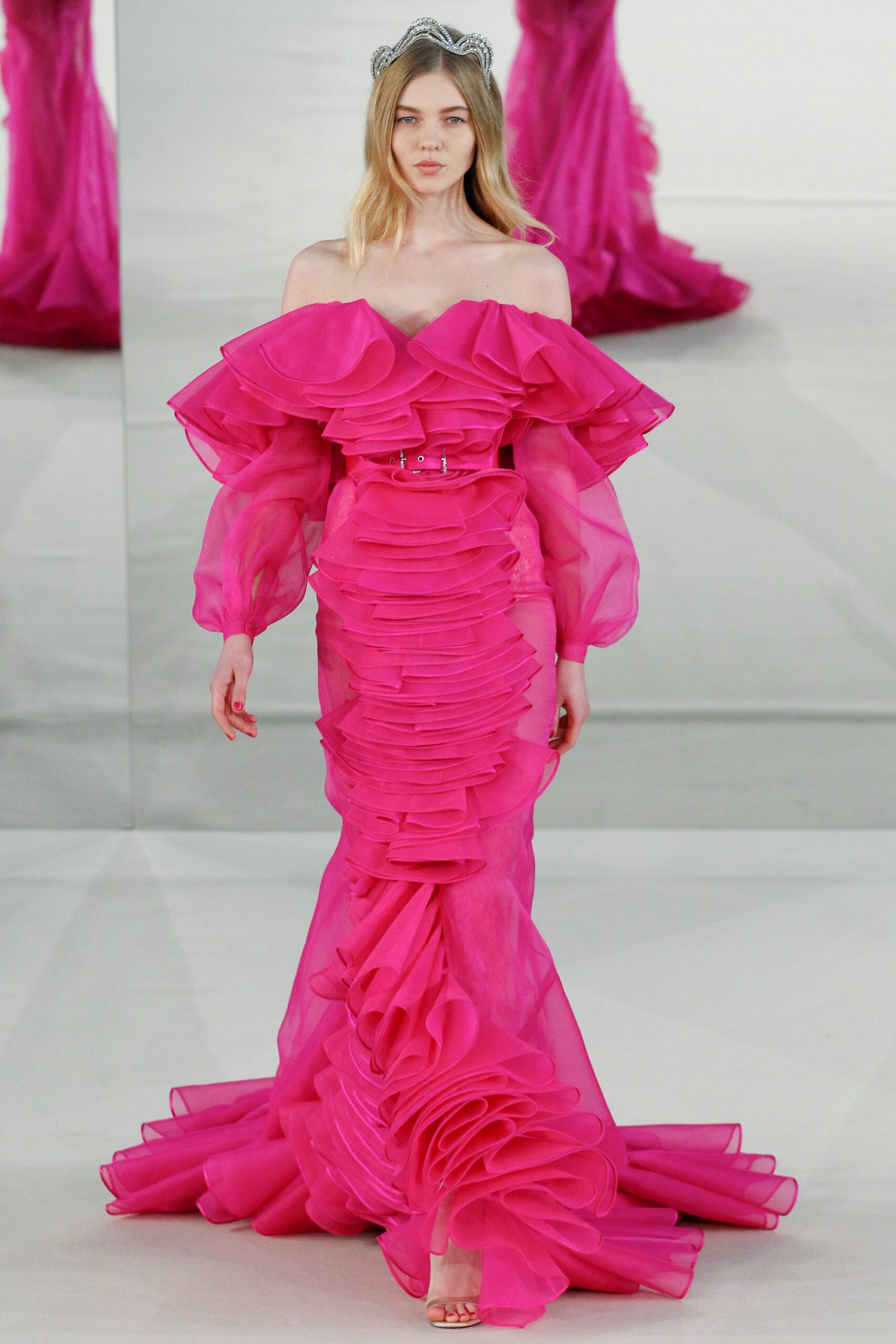 pink ruffled off-shoulder gown