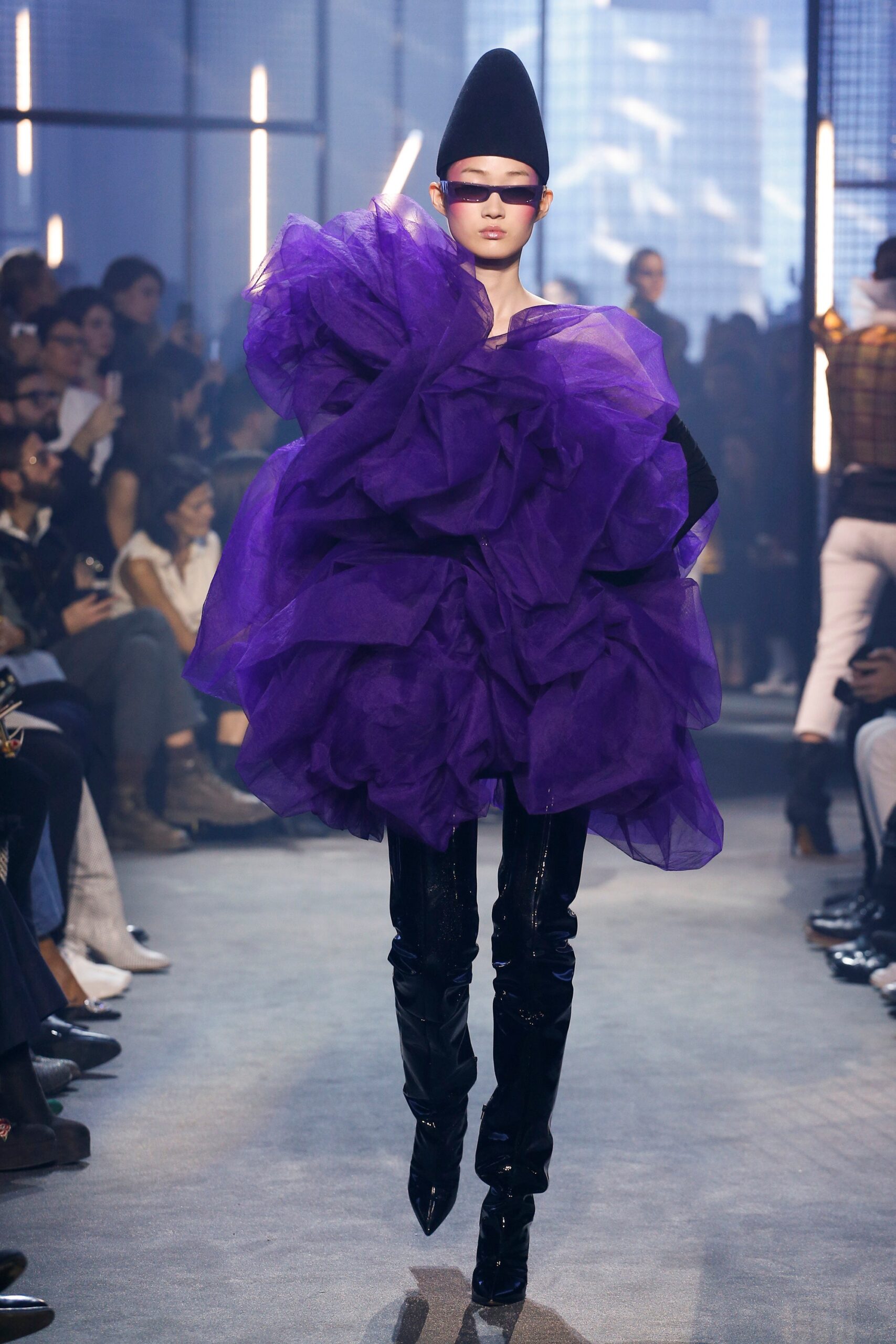 purple tulle long-sleeve off-shoulder fitted layered ruffled dress