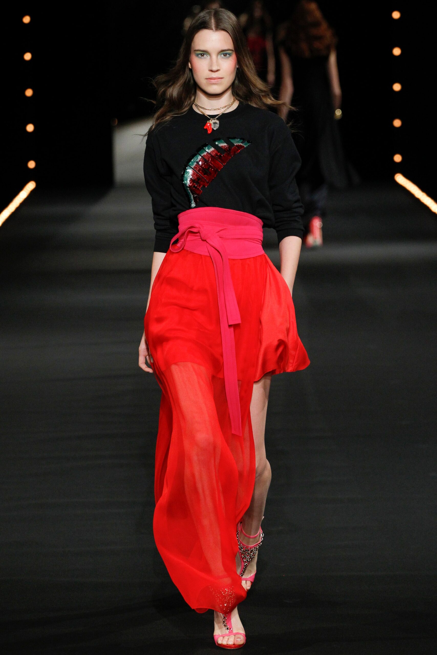 red chiffon high-waisted tiered flowing sheer maxi skirt