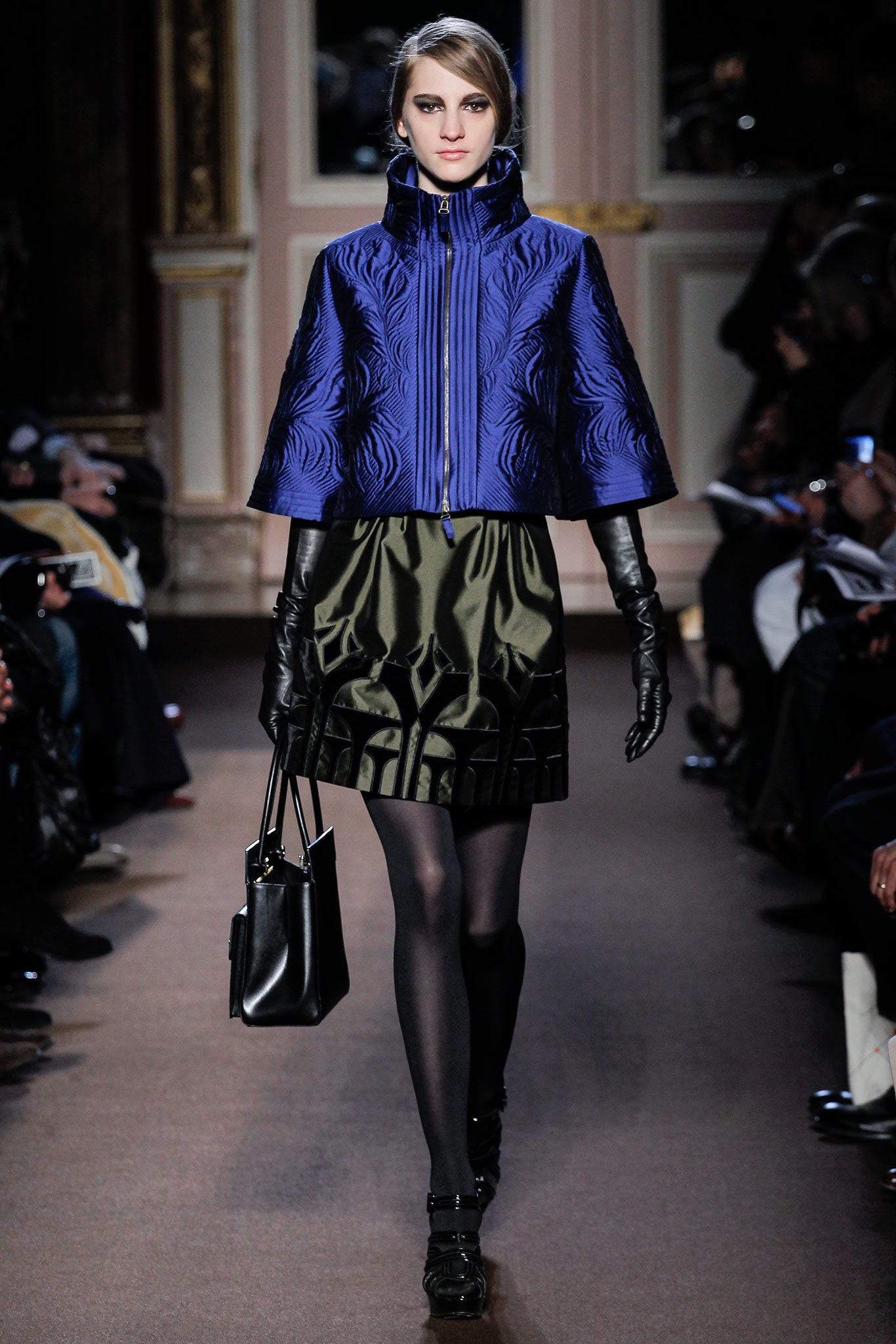 blue silk cape with pleated skirt