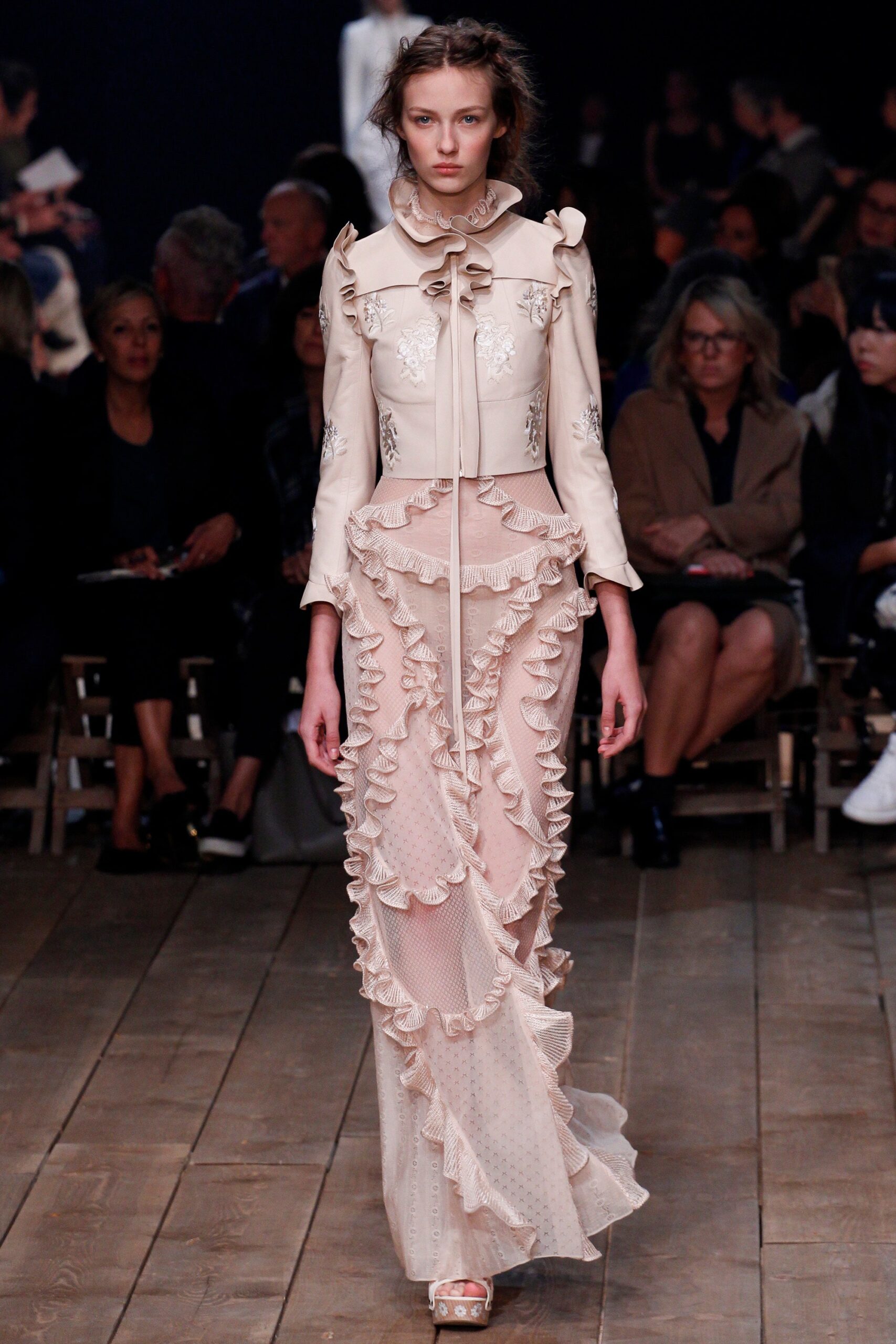 beige silk ruffled maxi dress