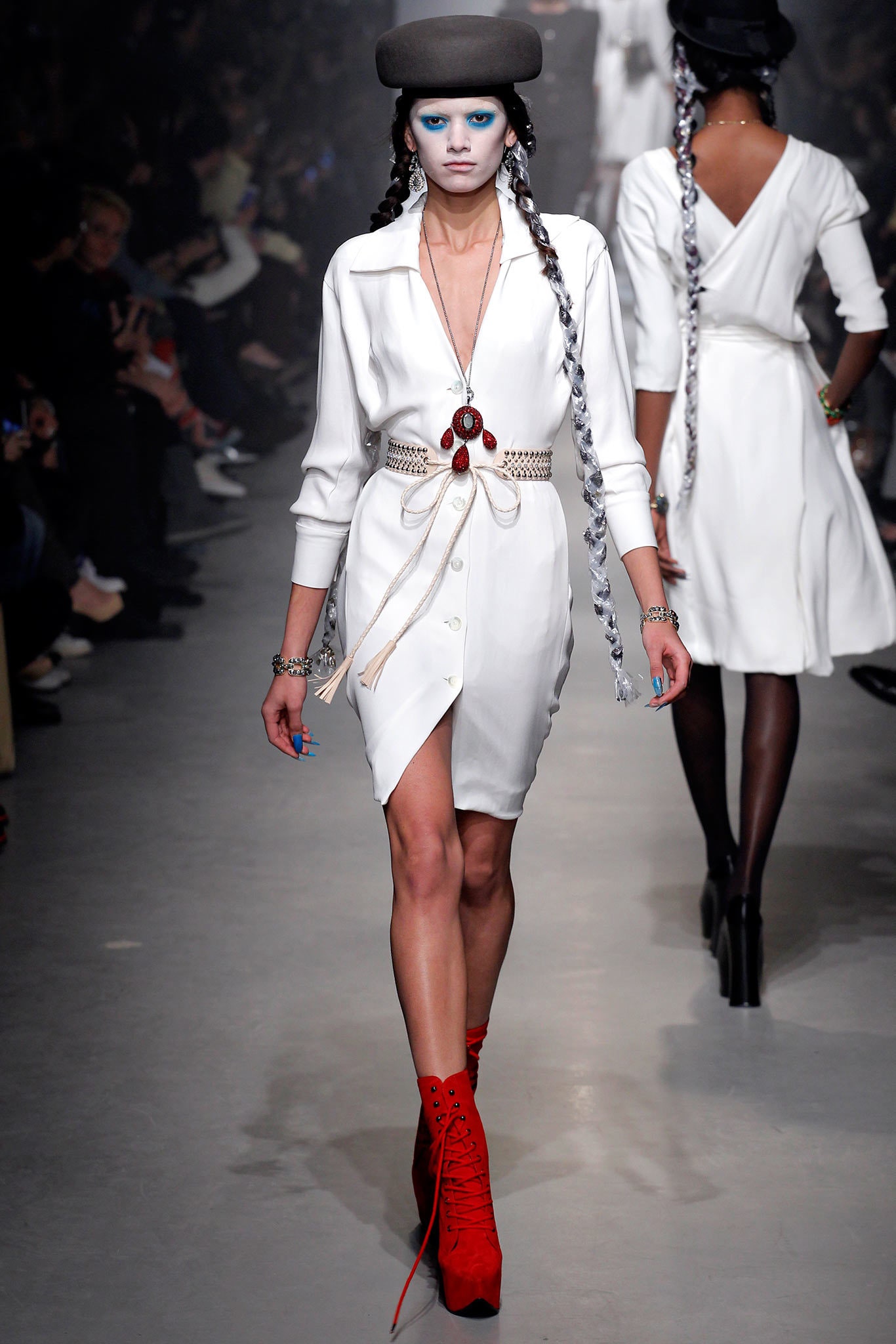 white fitted shirt-dress with red boots