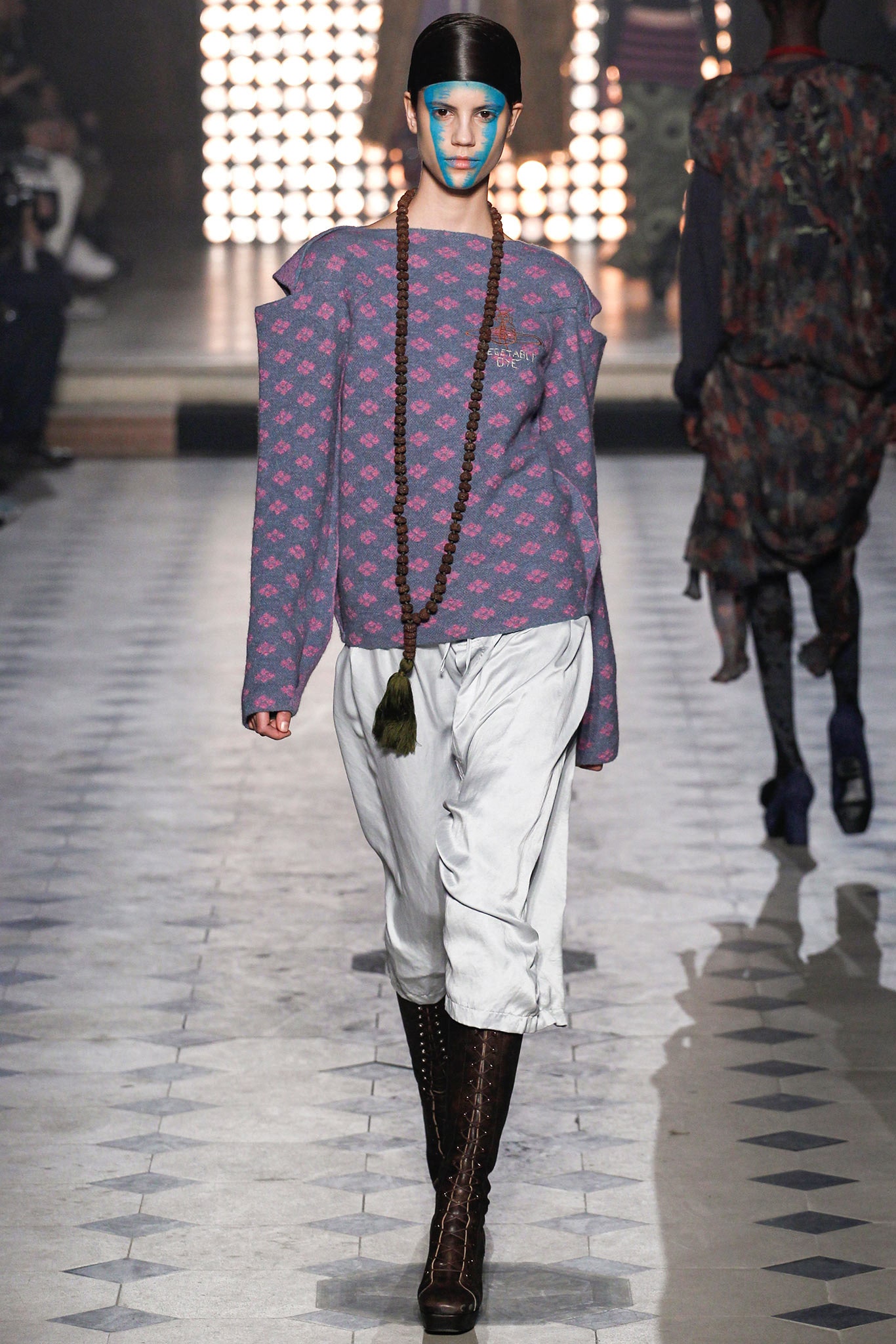 purple printed relaxed sweater with cropped pants