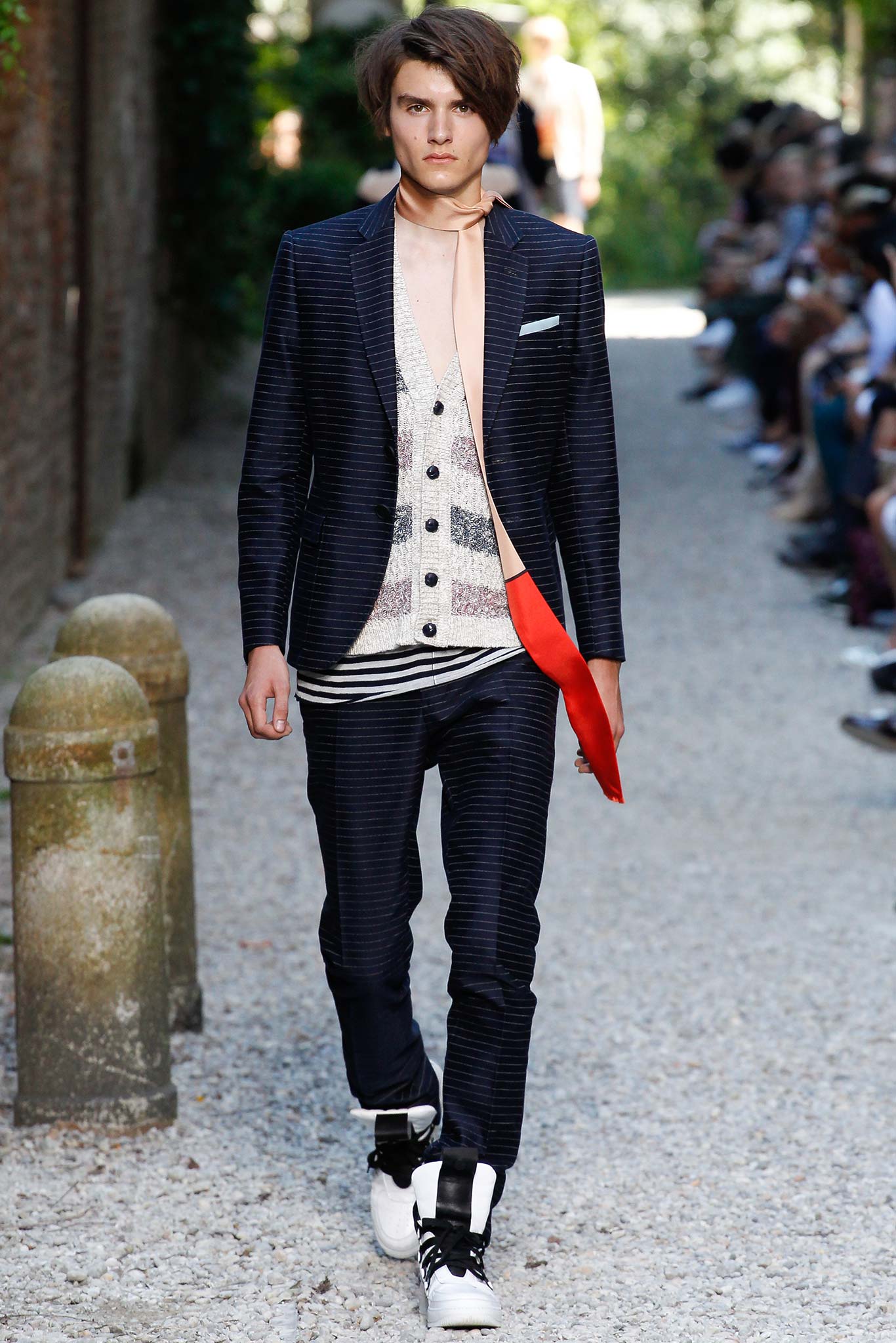 navy tailored suit with striped shirt