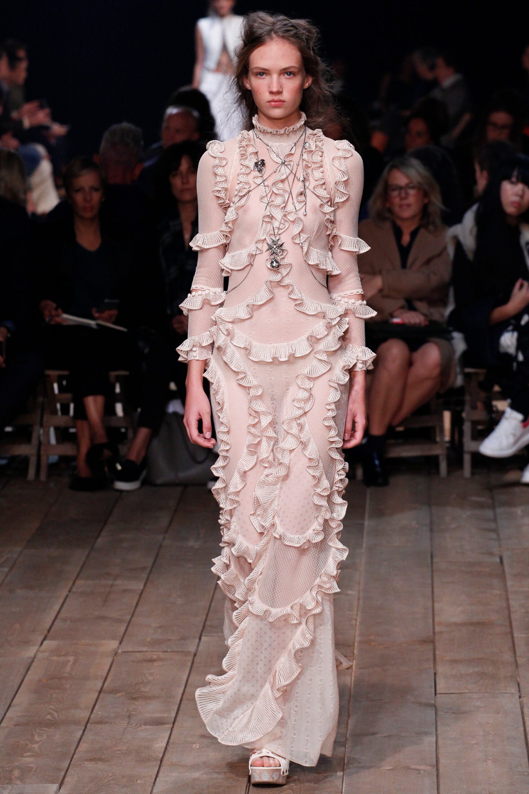 pink silk ruffled gown