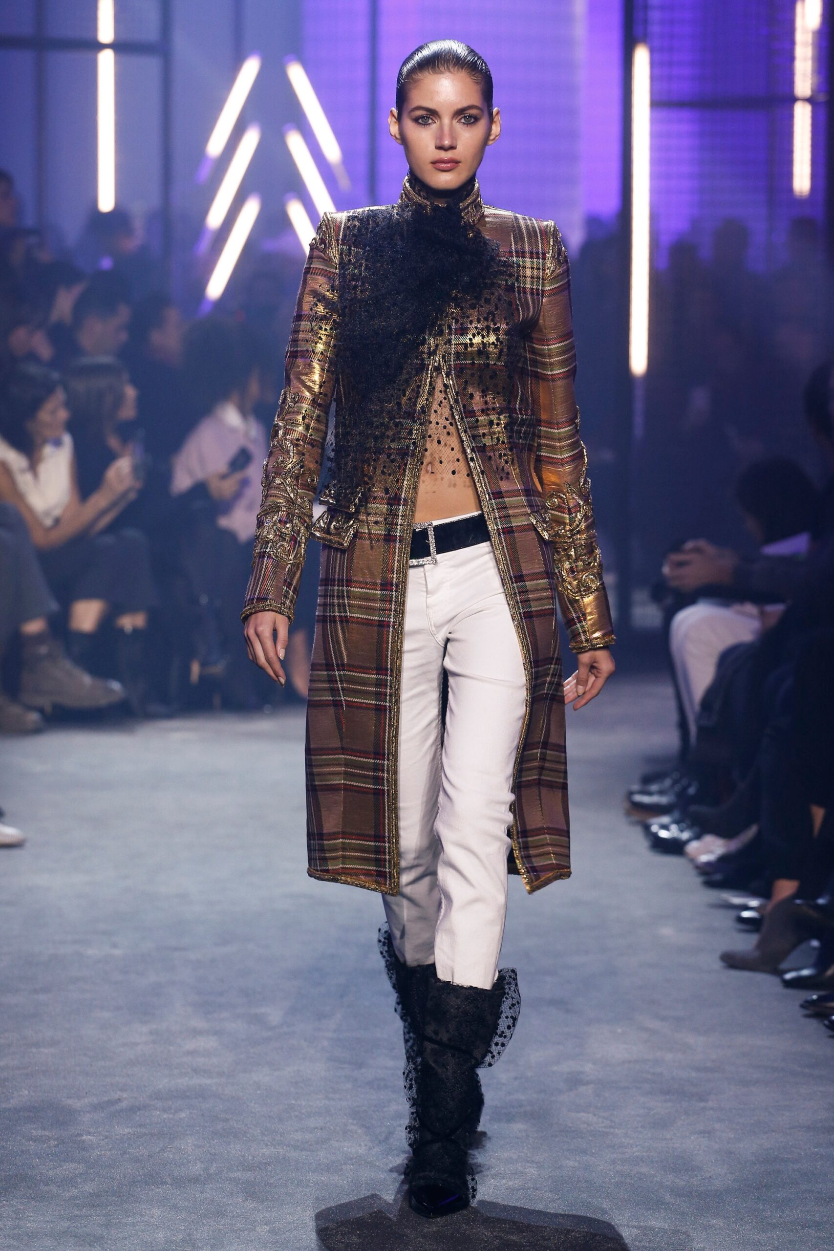 brown gold plaid coat with white pants