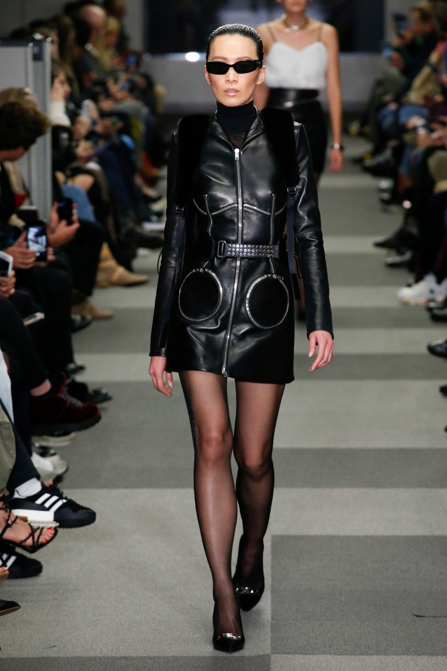 black leather fitted mini dress