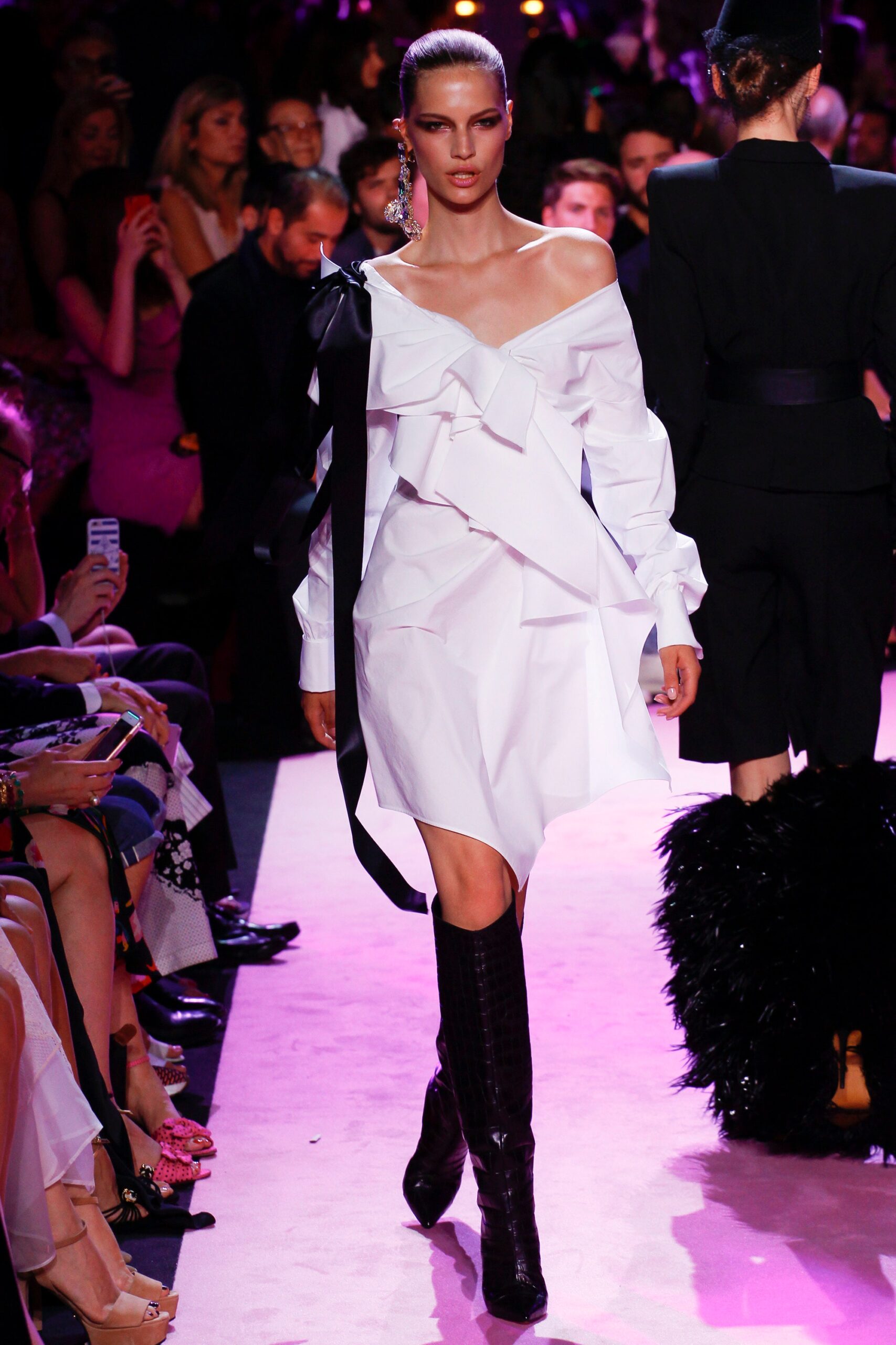 white cotton long-sleeve off-shoulder fitted ruffled mini dress